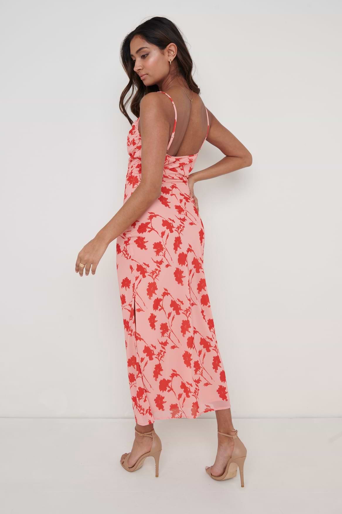 Keisha Ruched Midaxi Dress - Pink and Red Floral