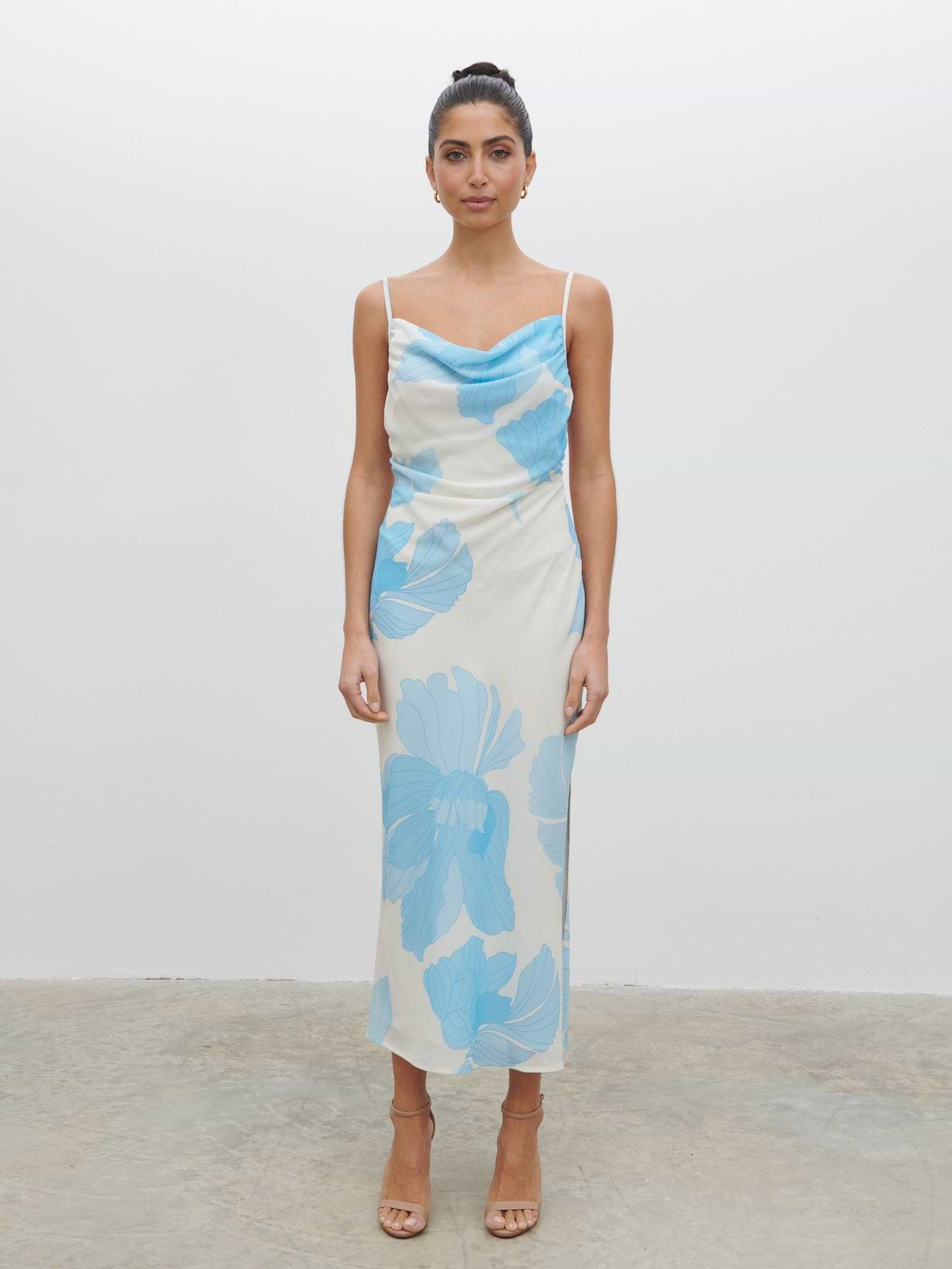 Keisha Ruched Midaxi Dress - Blue and Cream Floral
