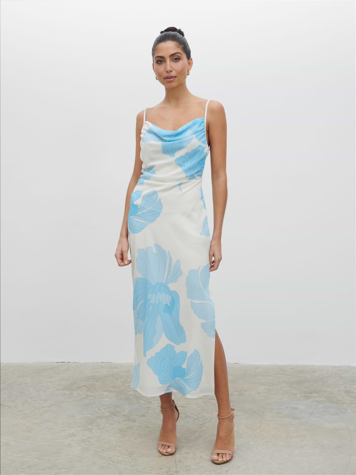 Keisha Ruched Midaxi Dress - Blue and Cream Floral