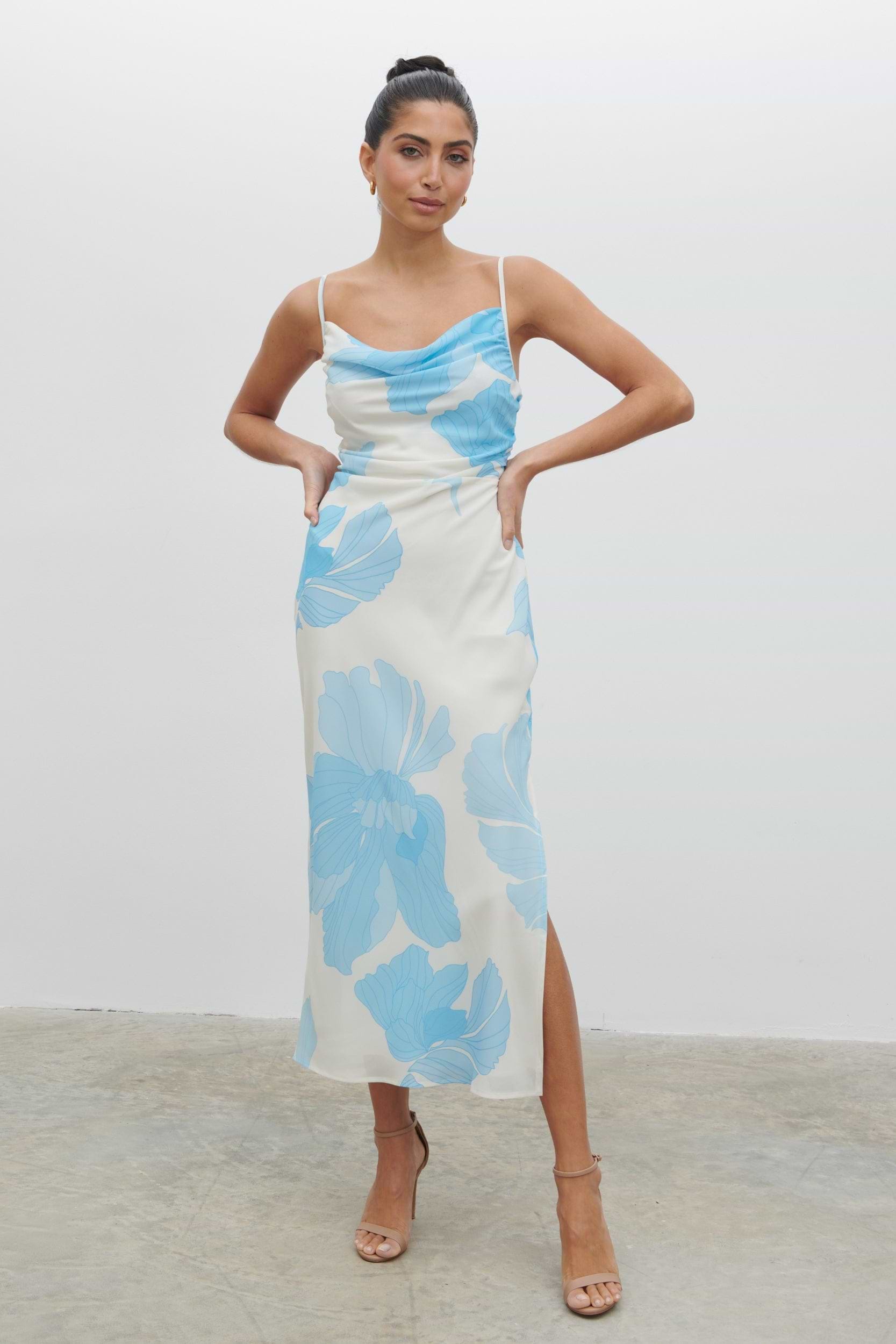 Keisha Ruched Midaxi Dress - Blue and Cream Floral