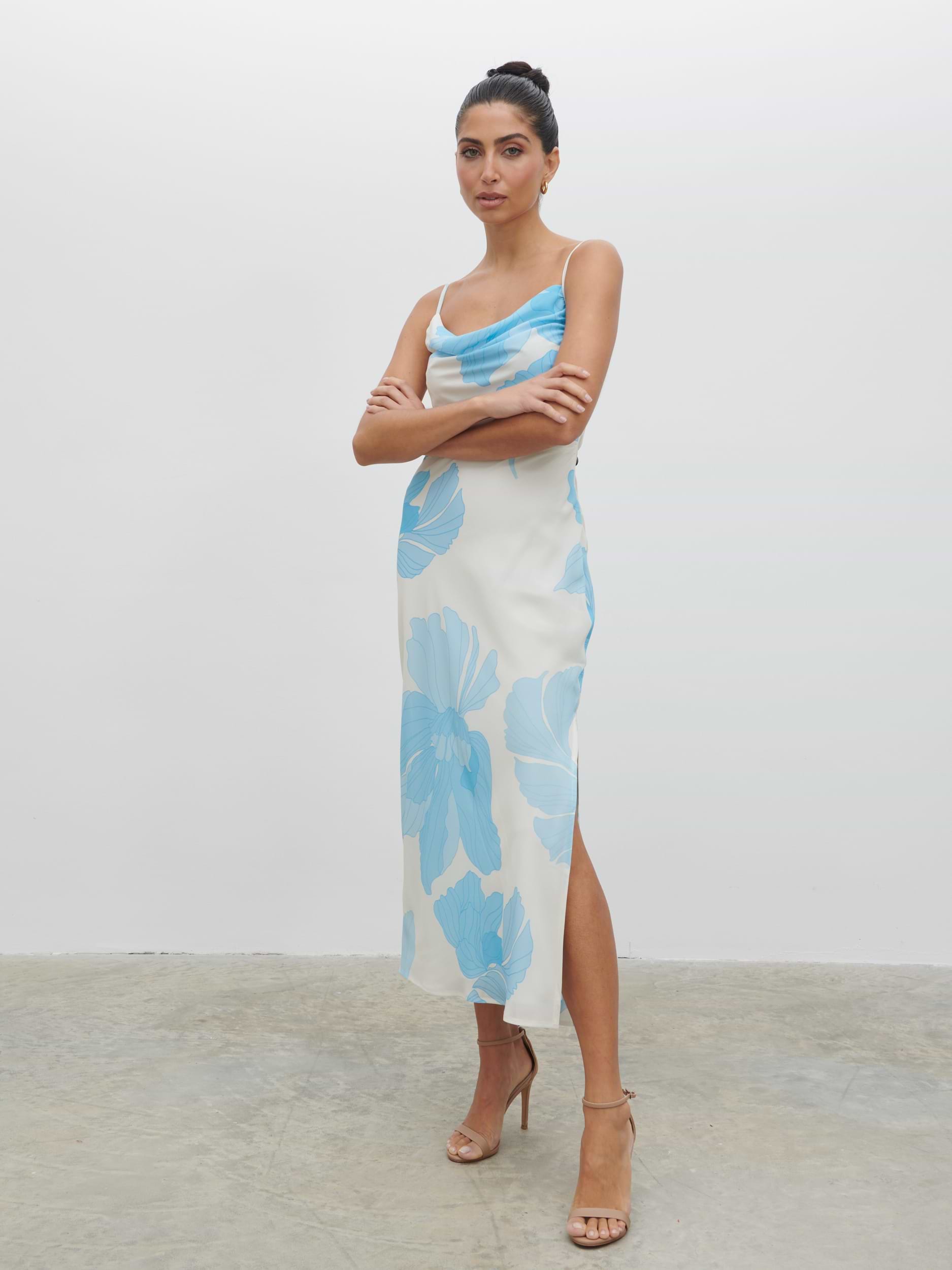 Keisha Ruched Midaxi Dress - Blue and Cream Floral