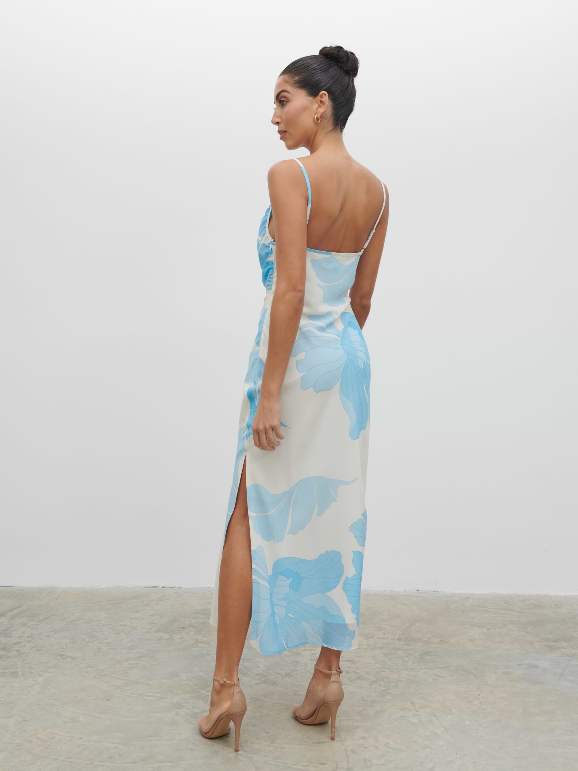 Keisha Ruched Midaxi Dress - Blue and Cream Floral
