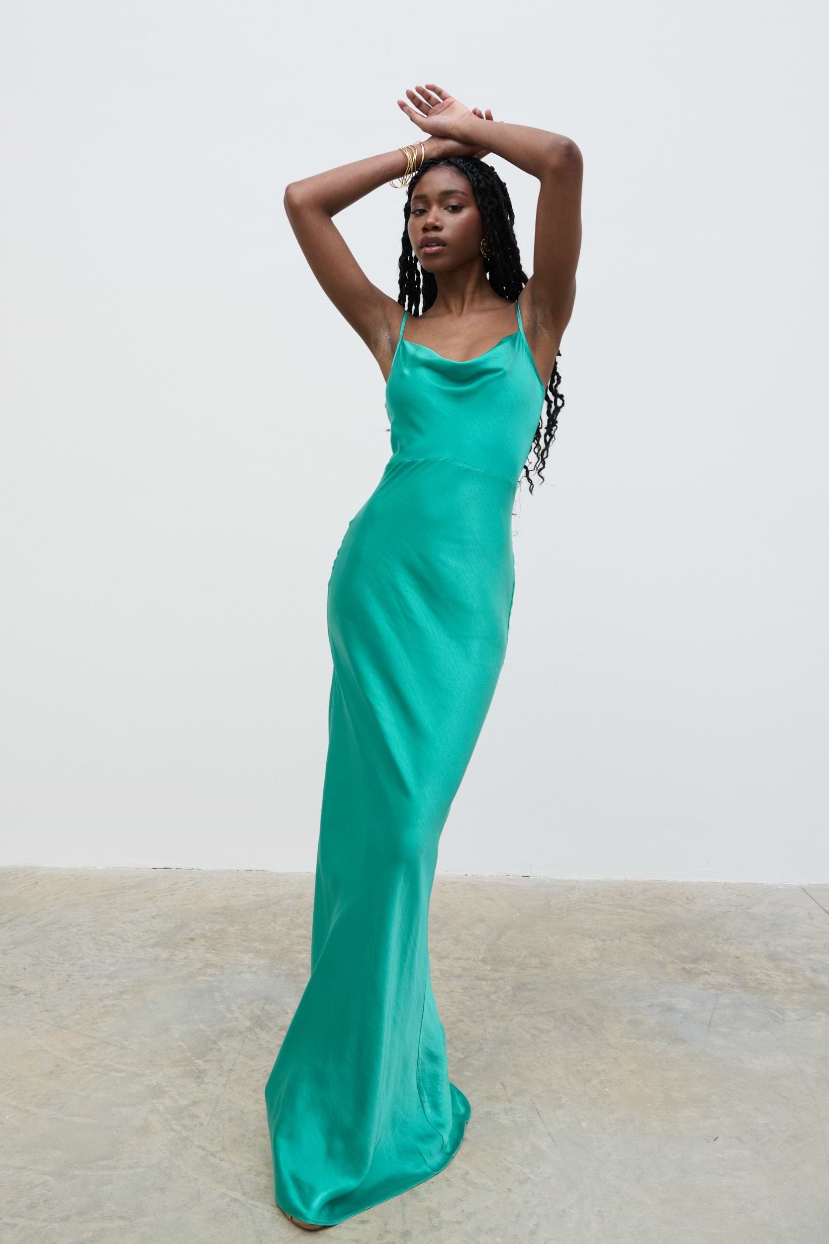 Keisha Satin Maxi Dress - Jade Green