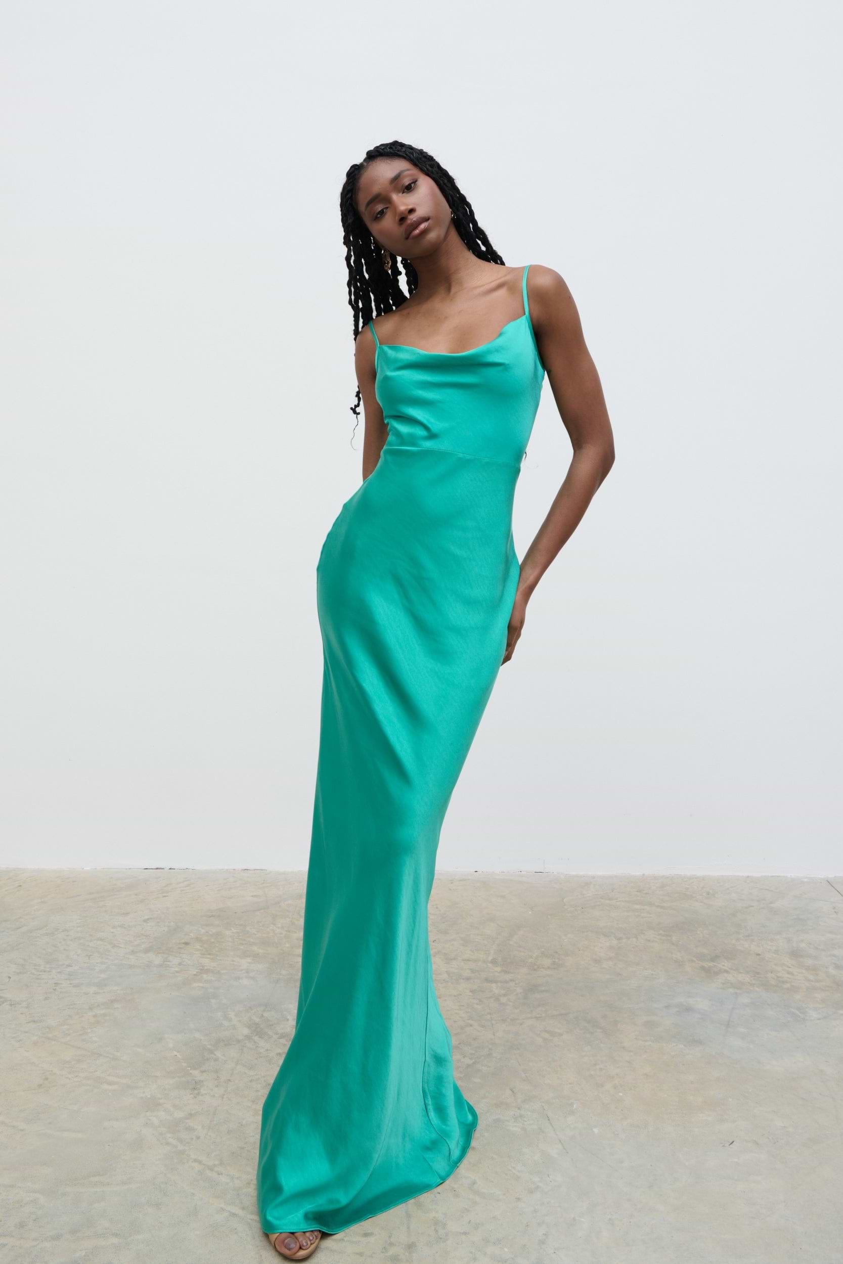 Keisha Satin Maxi Dress - Jade Green