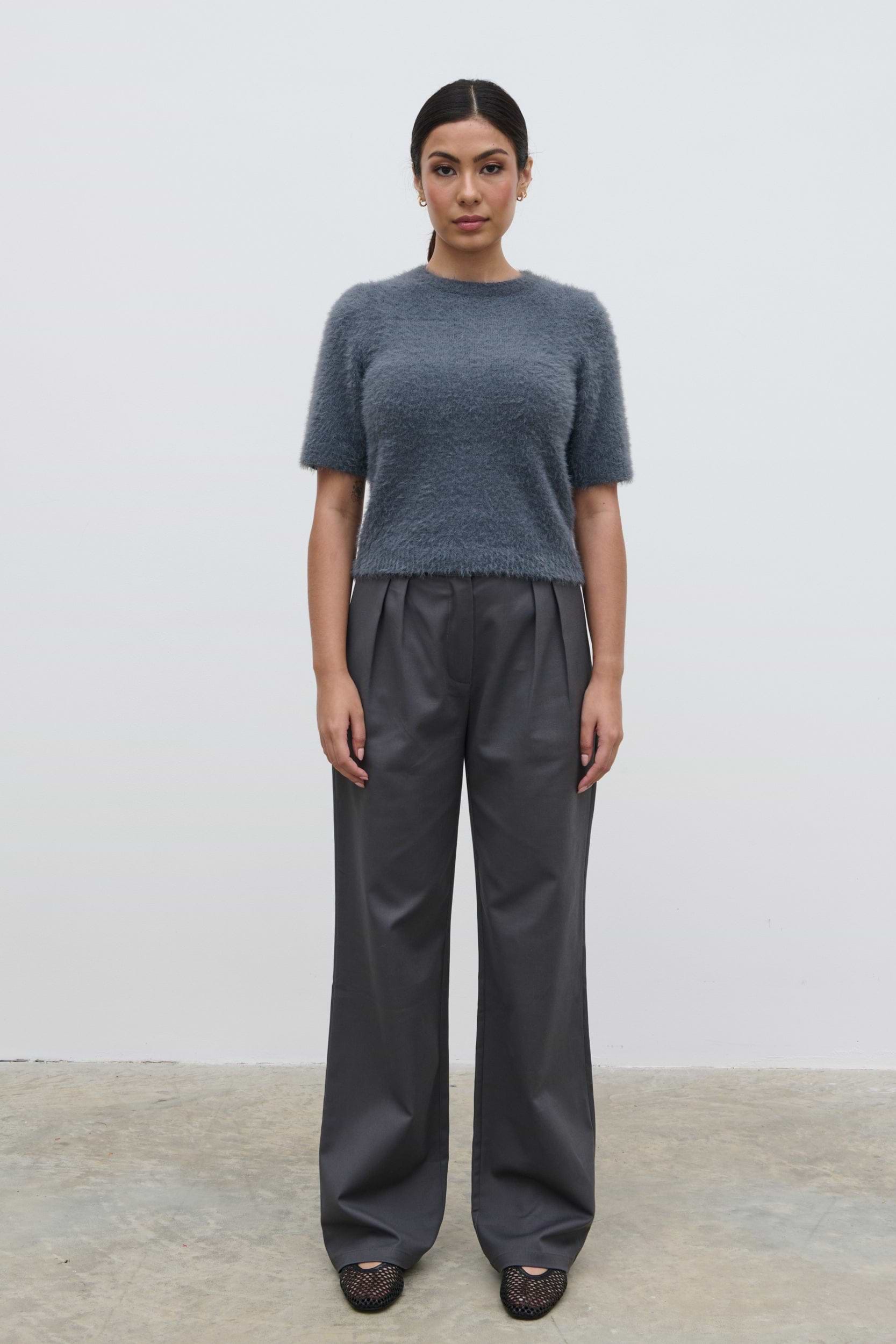 Kelly Cropped Fluffy Knit T-Shirt - Charcoal