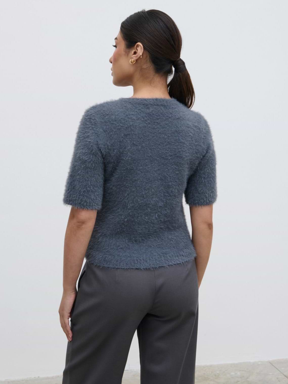 Kelly Cropped Fluffy Knit T-Shirt - Charcoal