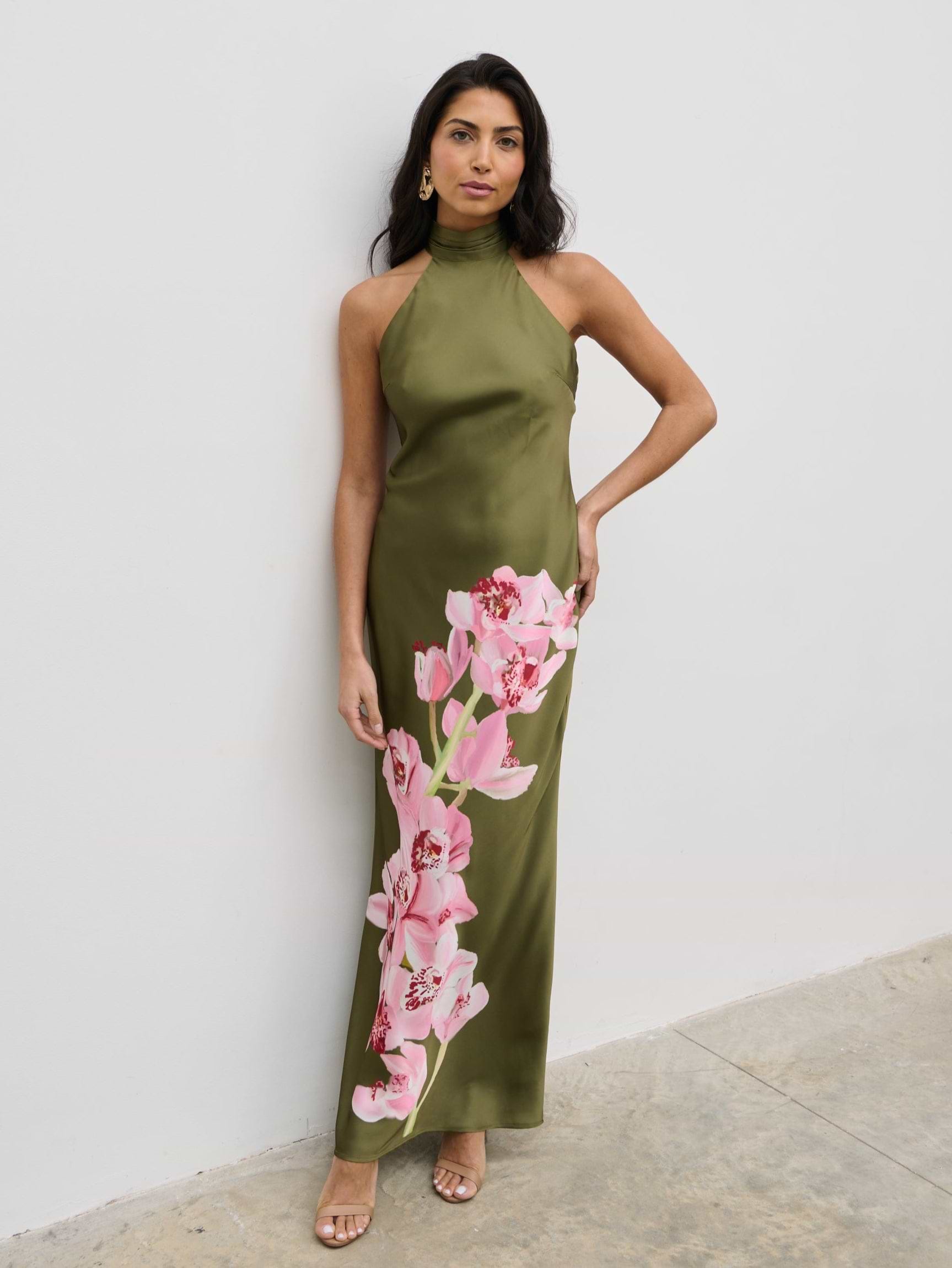 Kiara Halterneck Maxi Dress - Olive and Pink Floral