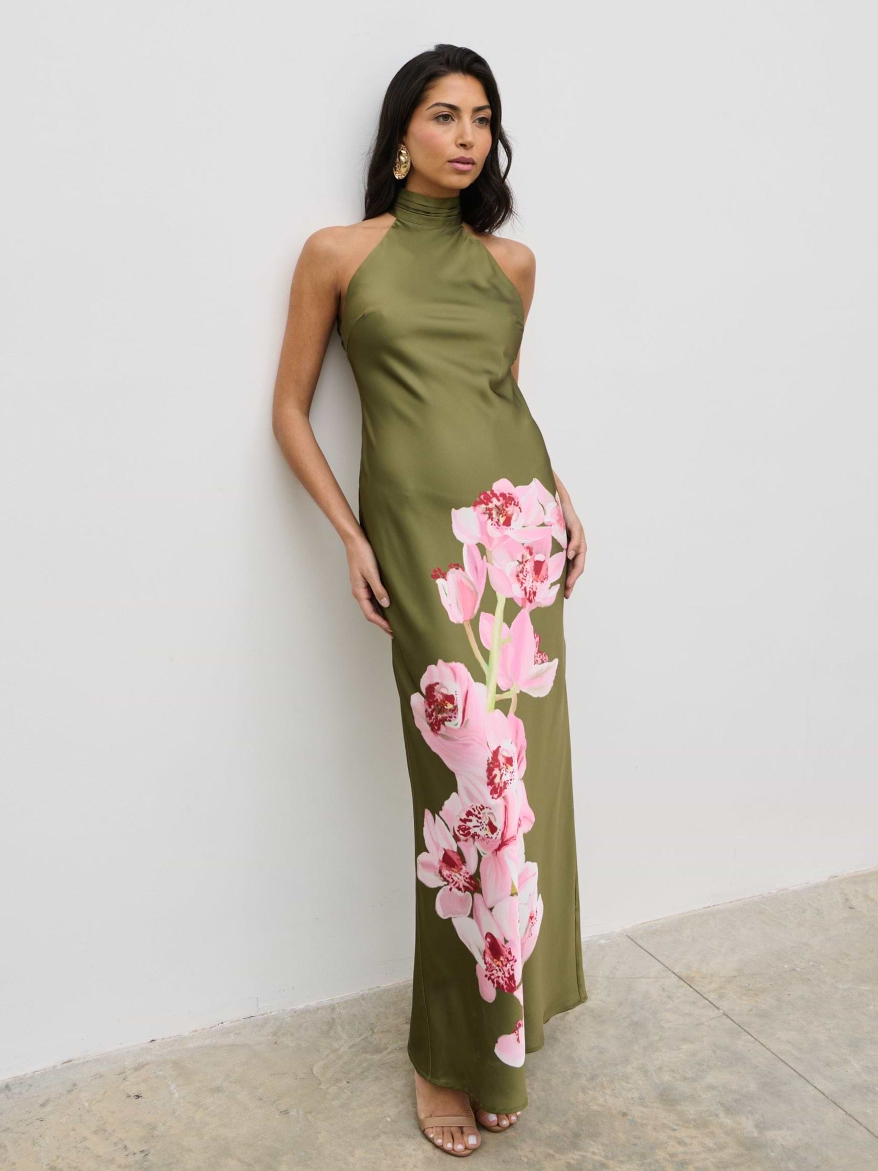 Kiara Halterneck Maxi Dress - Olive and Pink Floral