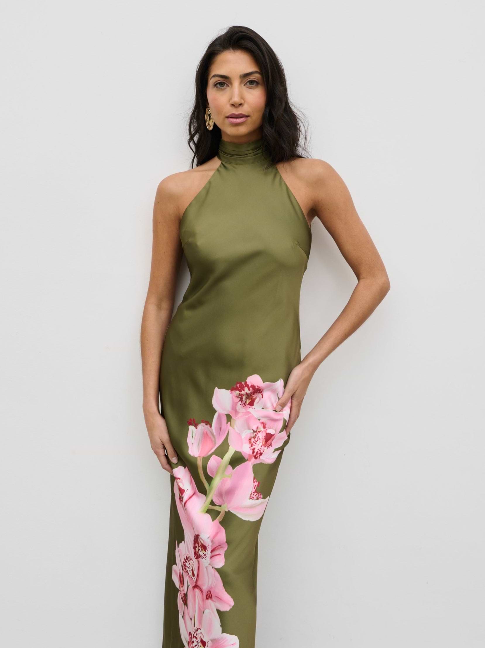 Kiara Halterneck Maxi Dress - Olive and Pink Floral