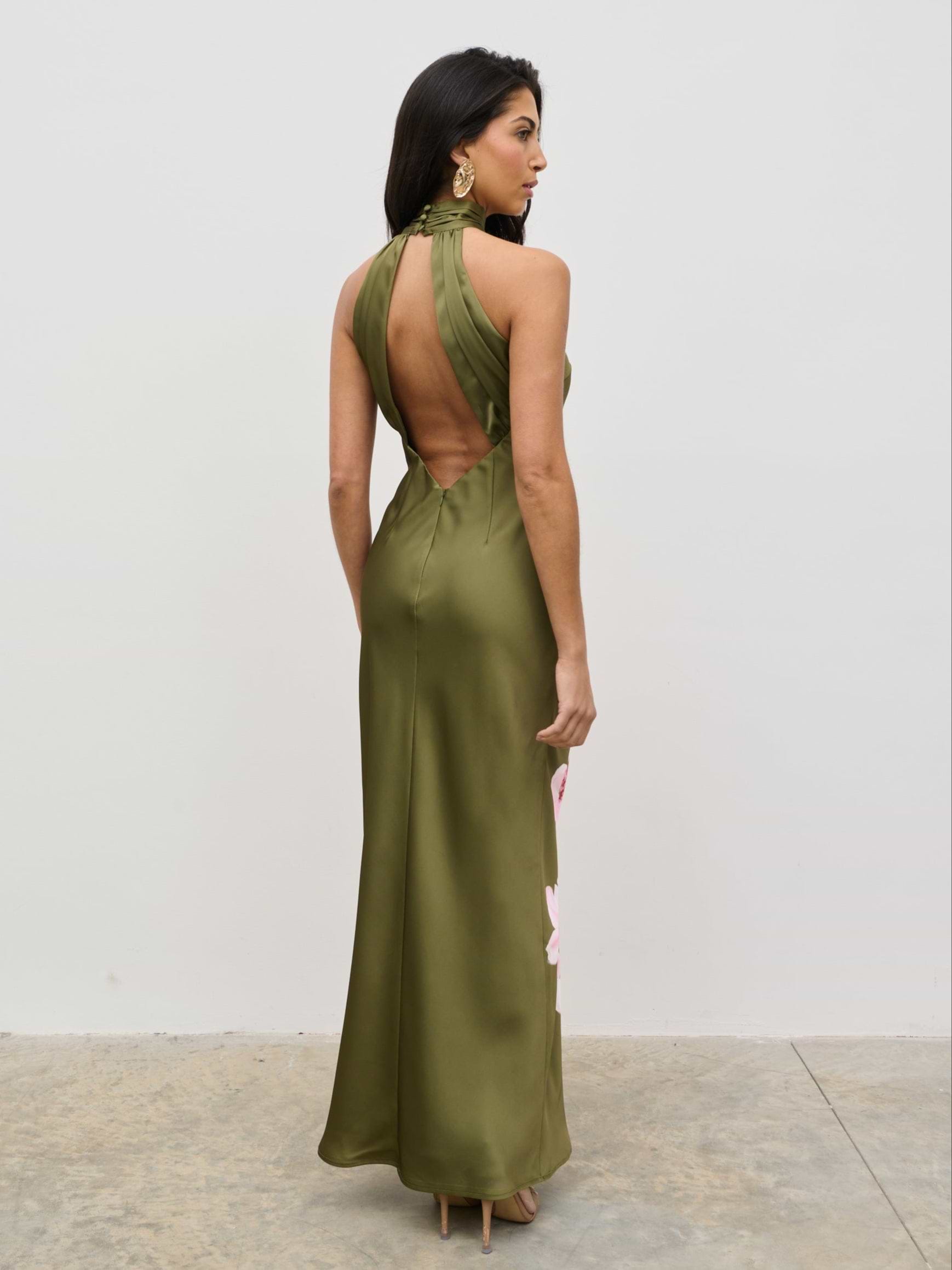 Kiara Halterneck Maxi Dress - Olive and Pink Floral