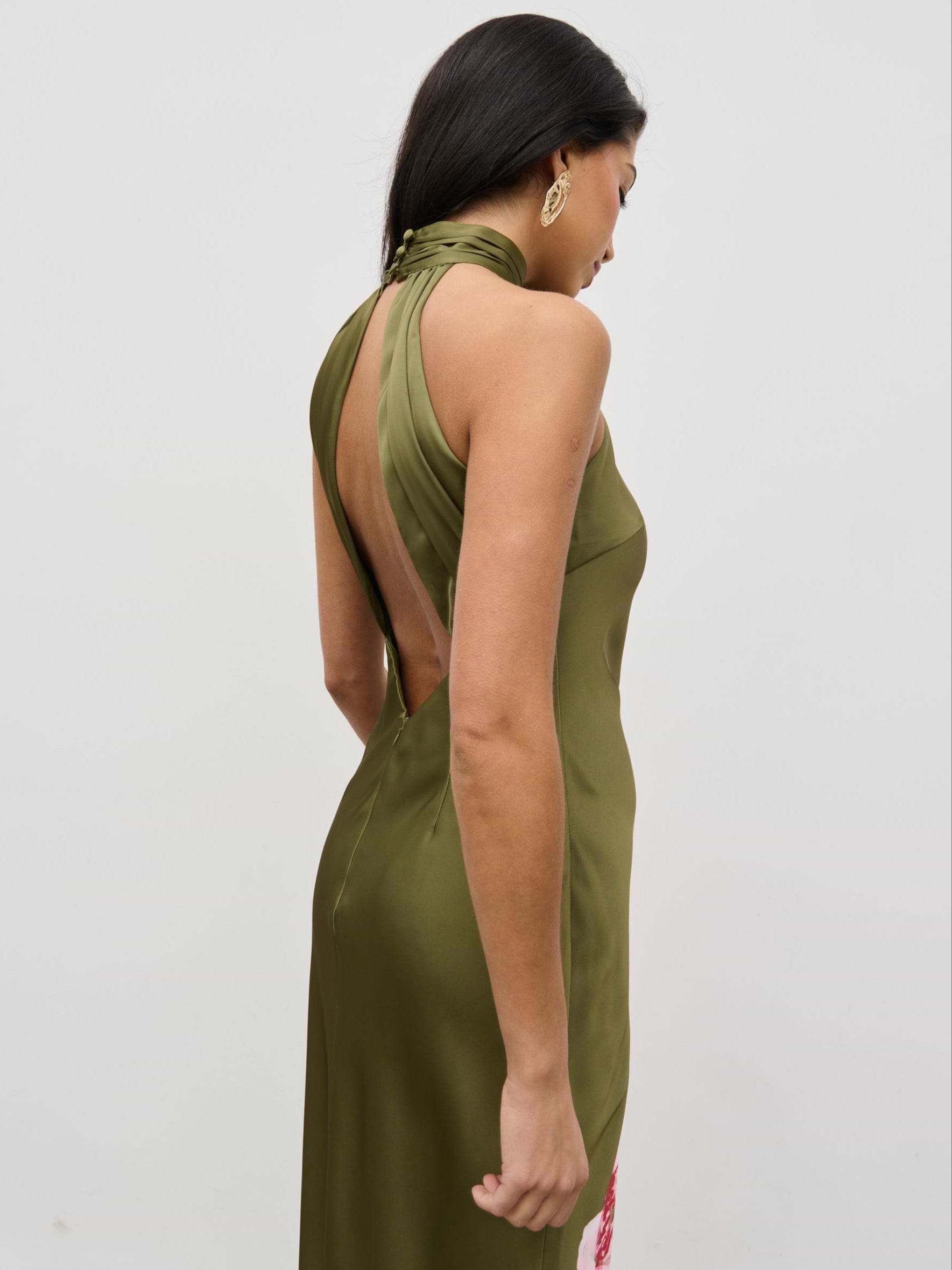 Kiara Halterneck Maxi Dress - Olive and Pink Floral