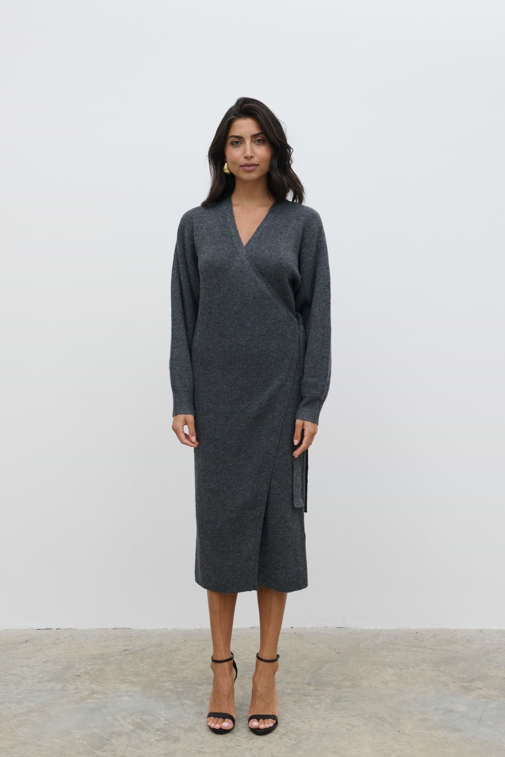 Kinsley Ribbed Wrap Dress - Charcoal Grey
