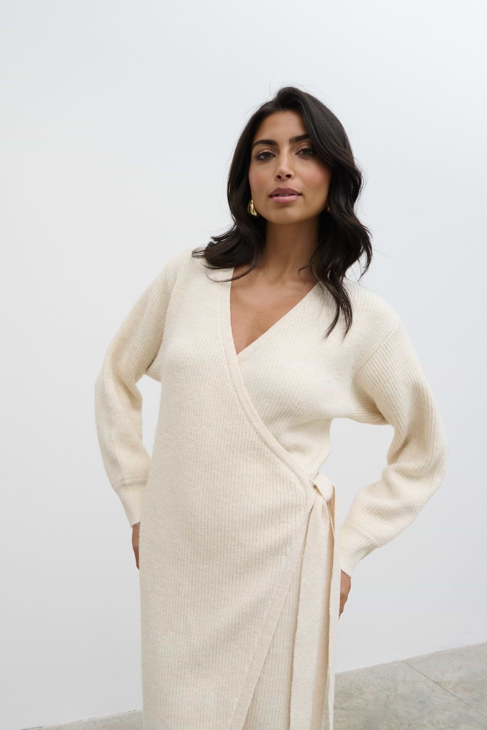 Kinsley Ribbed Wrap Dress - Ecru