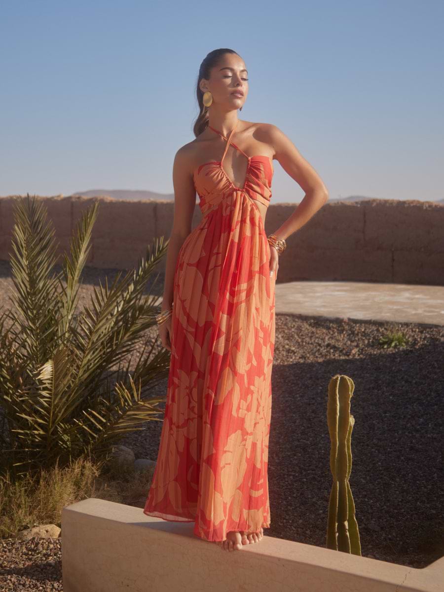 Lucie Cut Out Maxi Dress - Red and Beige Floral