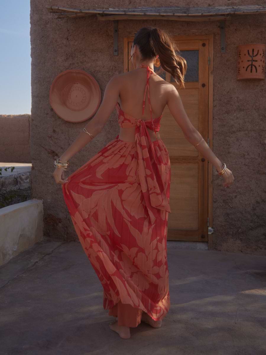 Lucie Cut Out Maxi Dress - Red and Beige Floral