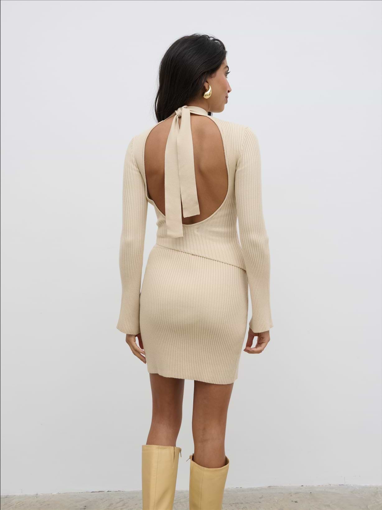 Lakelyn Backless High Neck Knit Top - Beige