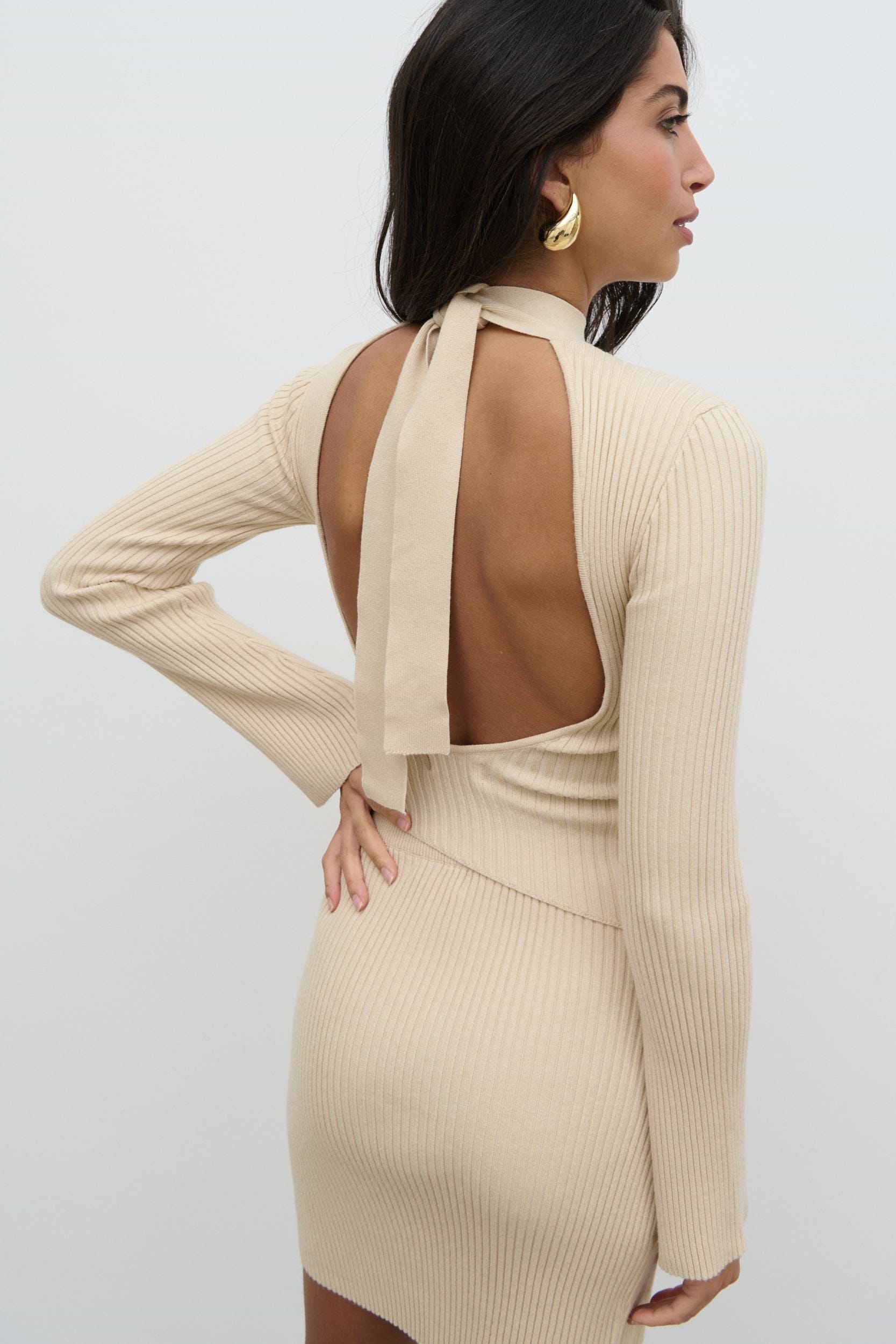Lakelyn Backless High Neck Knit Top - Beige