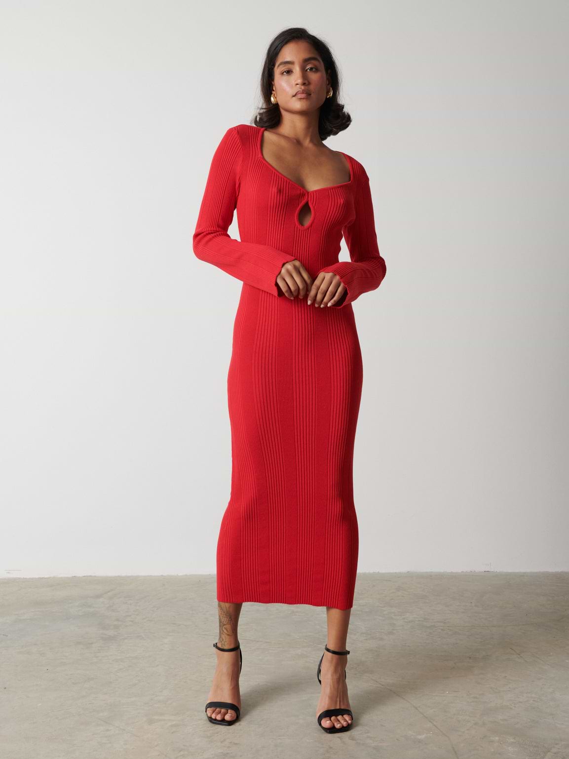 Lana Sweetheart Neck Knit Dress - Scarlet Red