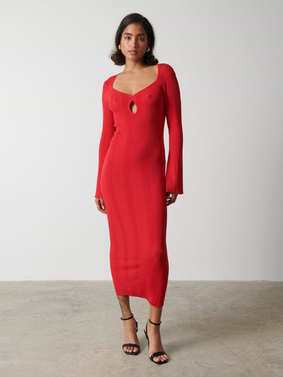 Lana Sweetheart Neck Knit Dress - Scarlet Red