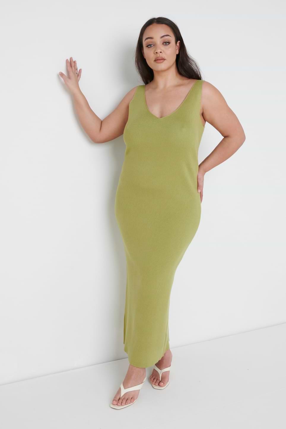 Lara Ribbed Midaxi Dress Curve - Olive