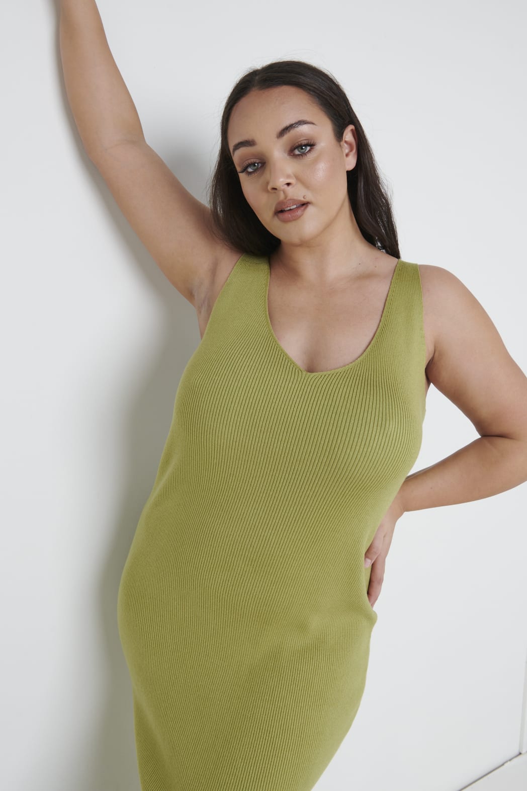 Lara Ribbed Midaxi Dress Curve - Olive