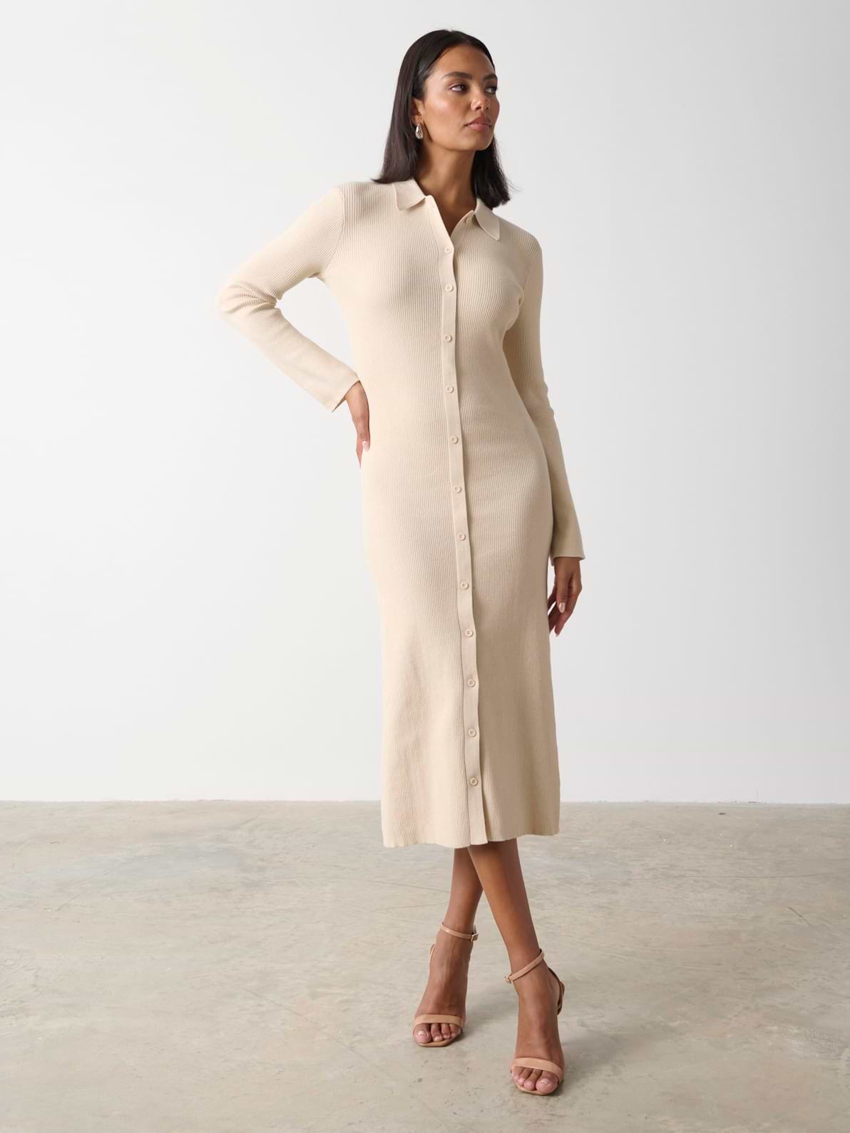 Lennox Buttoned Knit Midaxi Dress - Ecru