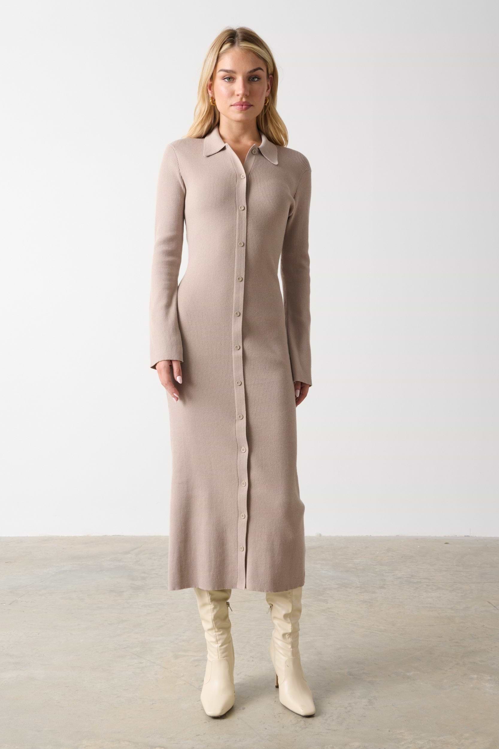 Lennox Buttoned Knit Midaxi Dress - Taupe