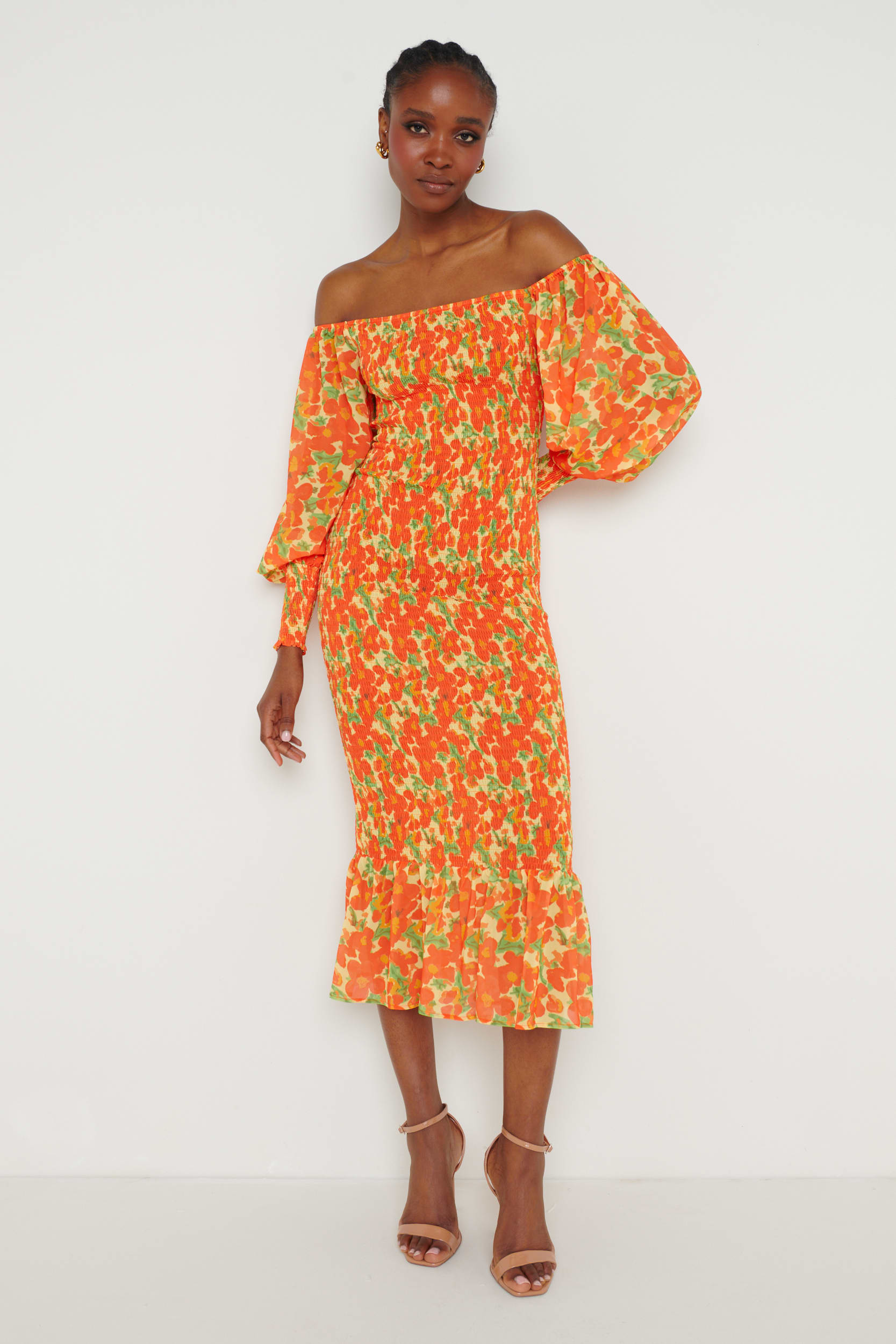 Leona Bardot Shirred Midaxi Dress - Orange and Yellow Floral