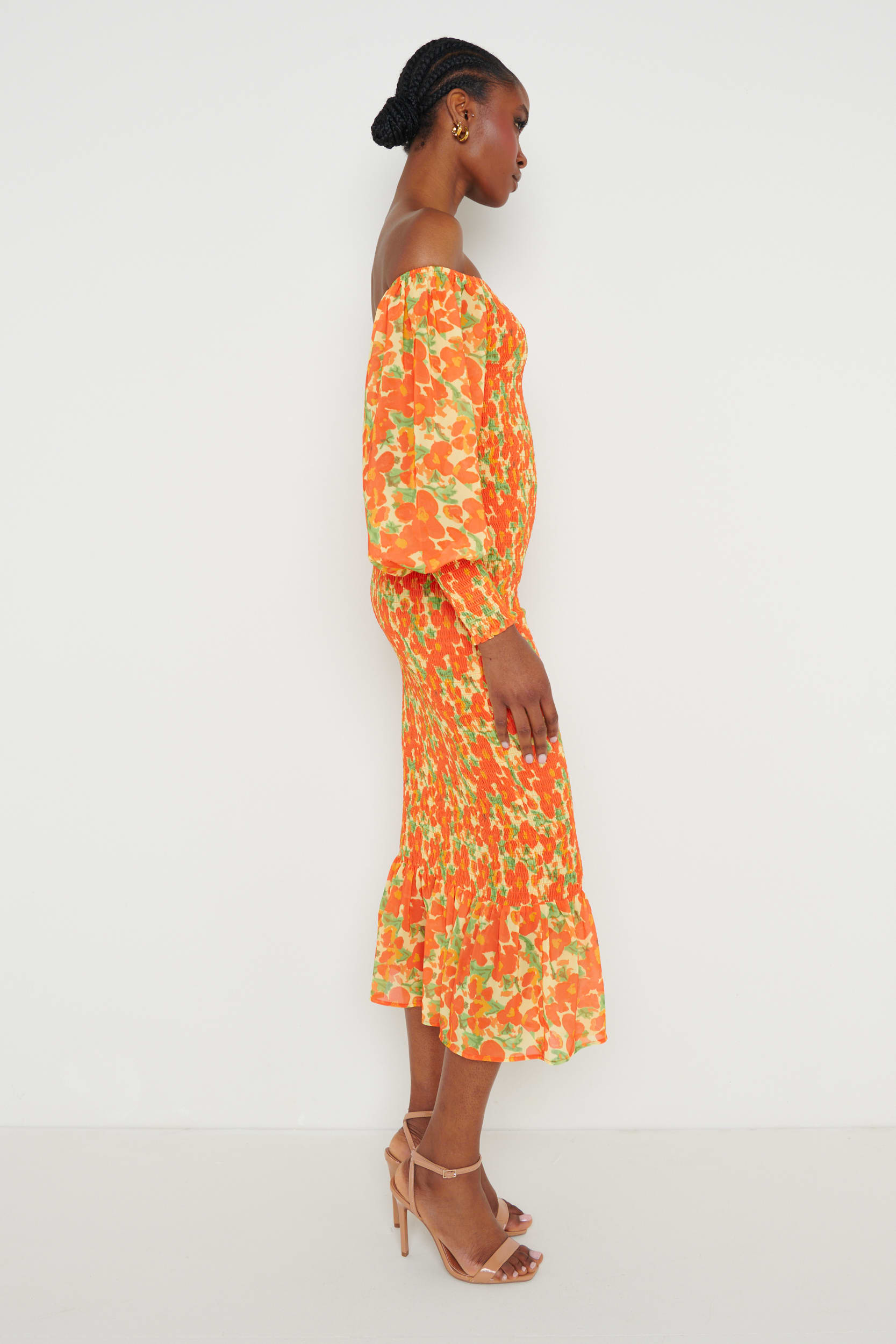 Leona Bardot Shirred Midaxi Dress - Orange and Yellow Floral