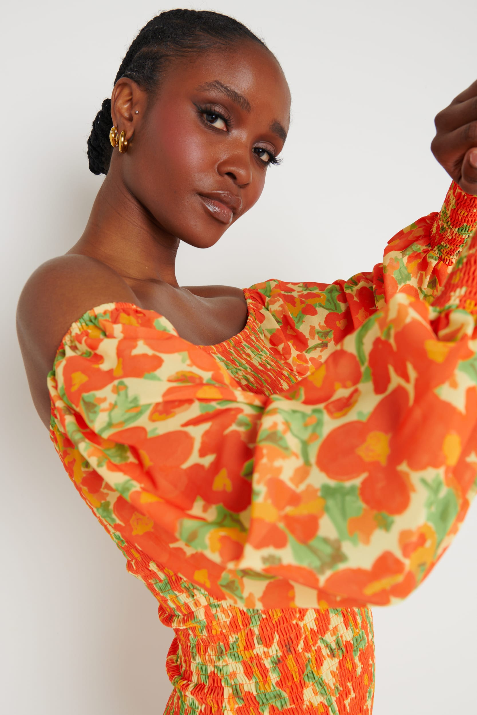 Leona Bardot Shirred Midaxi Dress - Orange and Yellow Floral