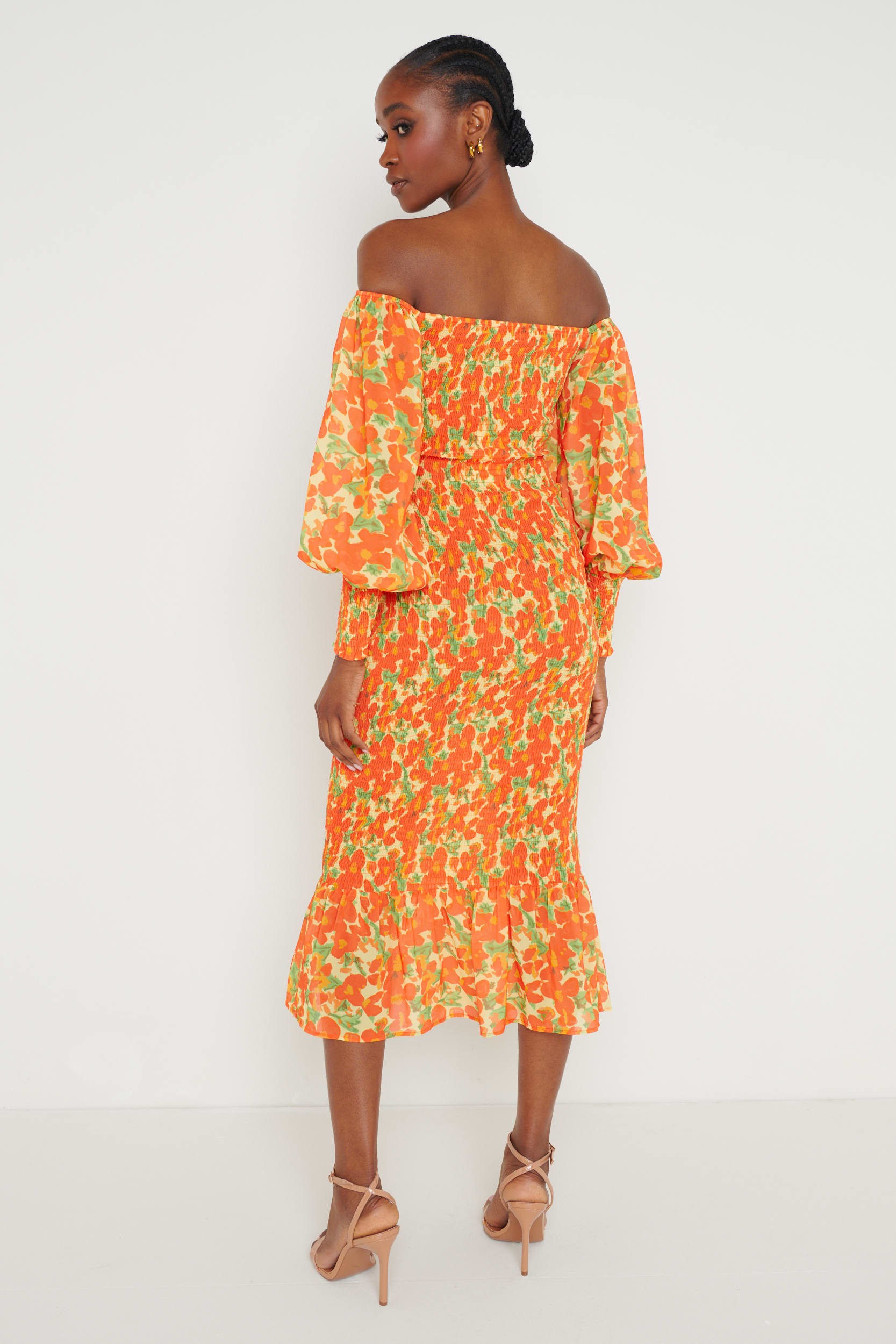 Leona Bardot Shirred Midaxi Dress - Orange and Yellow Floral