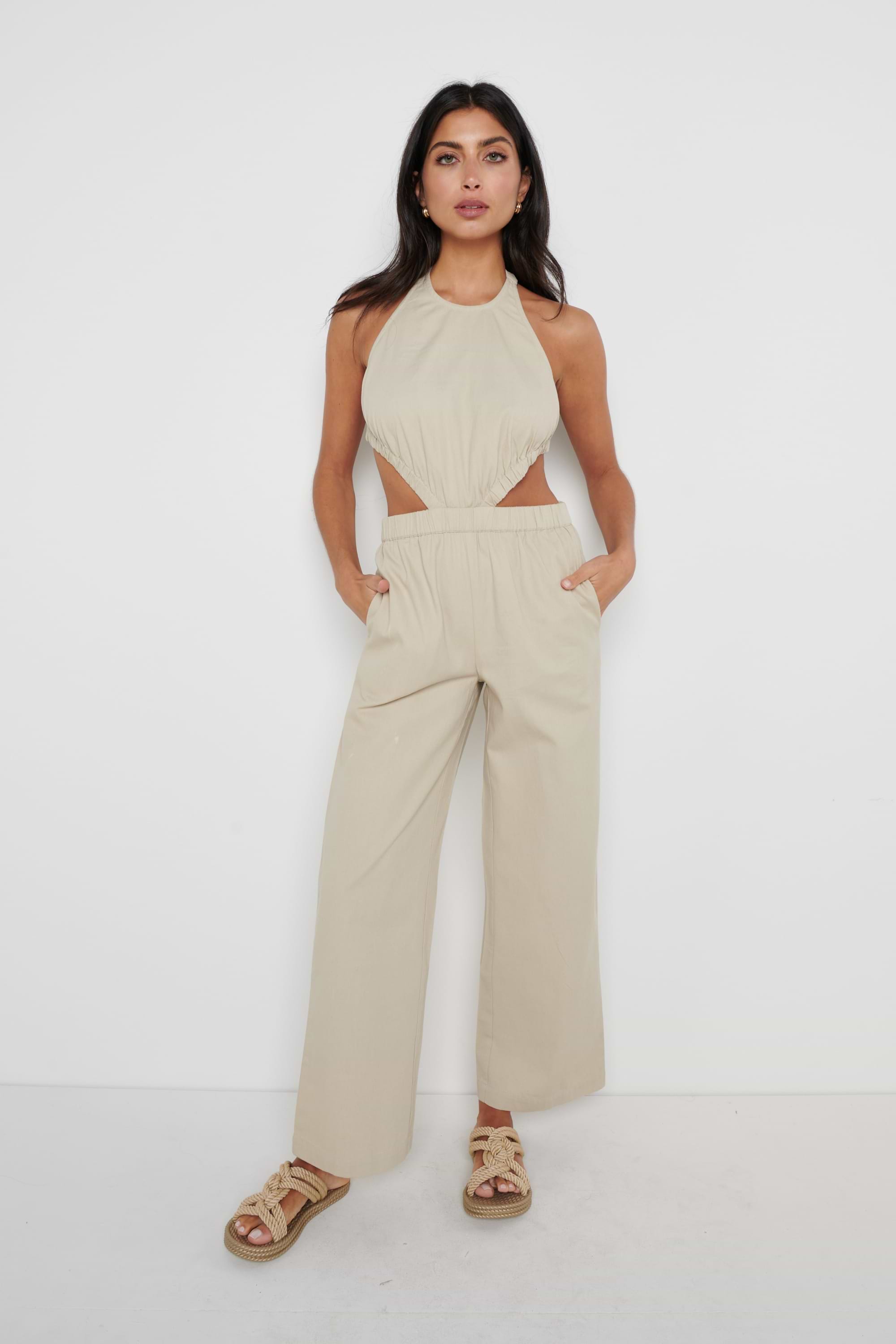 Lexi Scrunch Backless Jumpsuit - Taupe