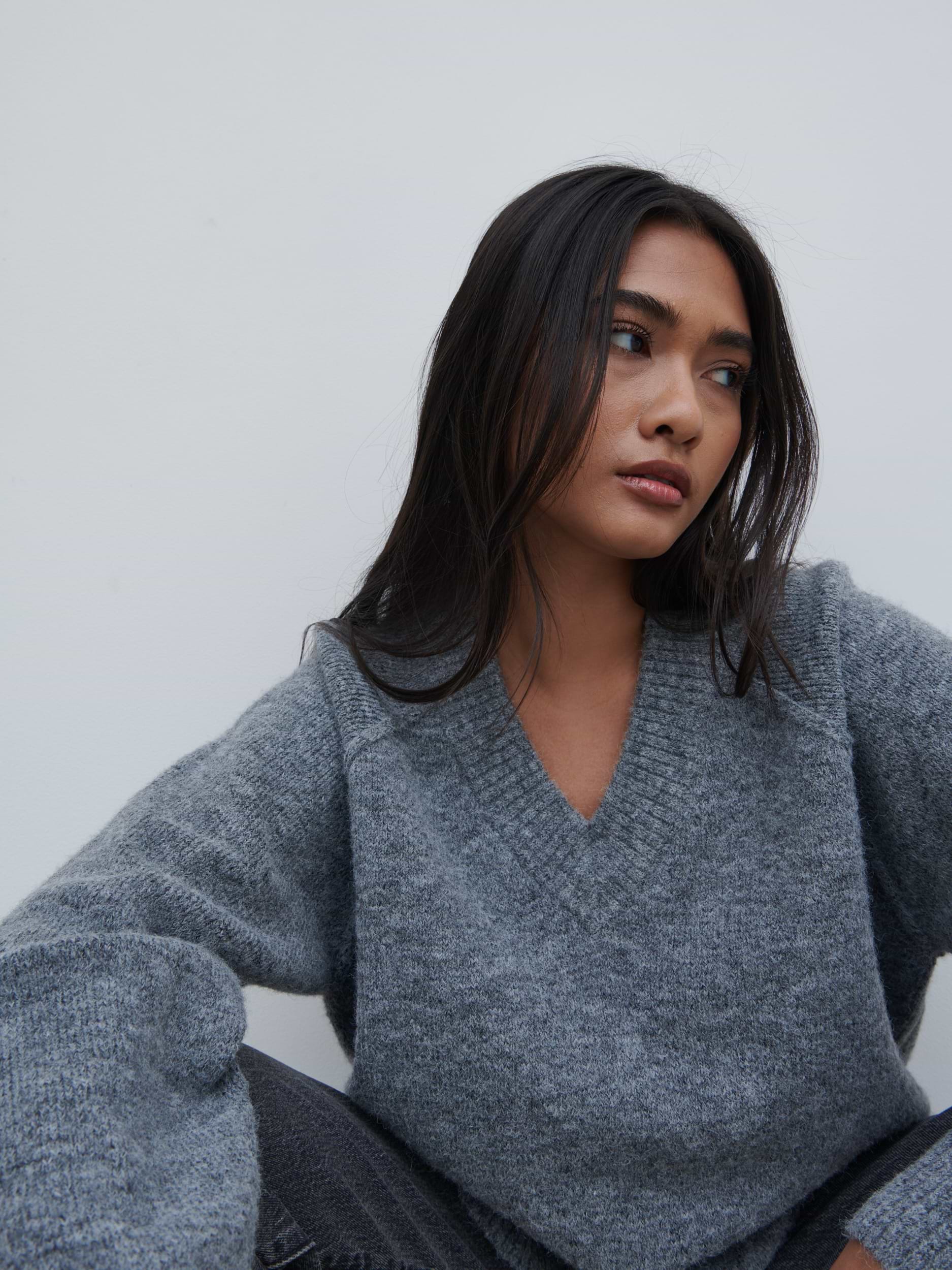 Liberty V Neck Seam Knit Jumper - Charcoal