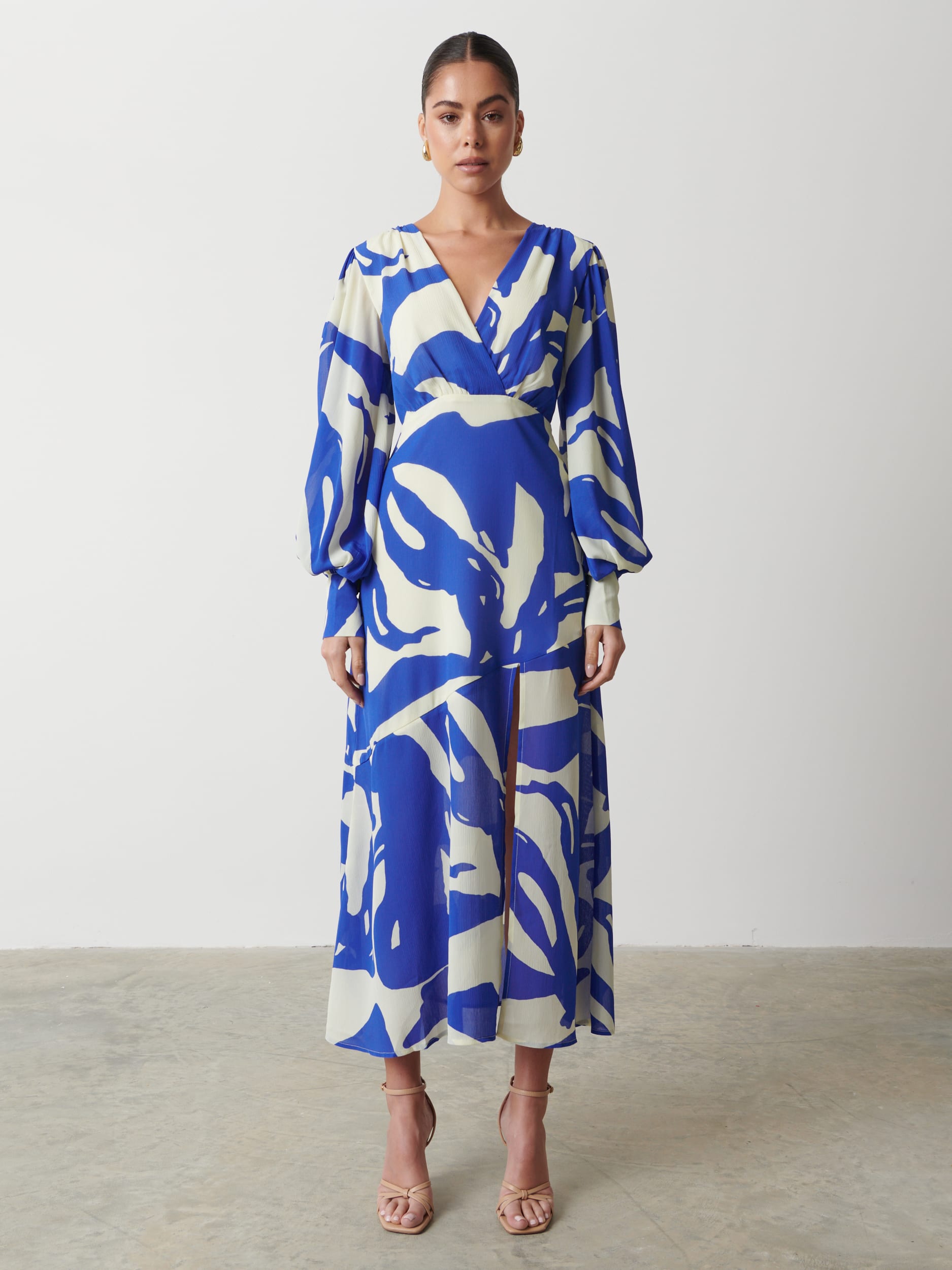 Lilianna Backless Balloon Sleeve Printed Dress - Blue Abstract