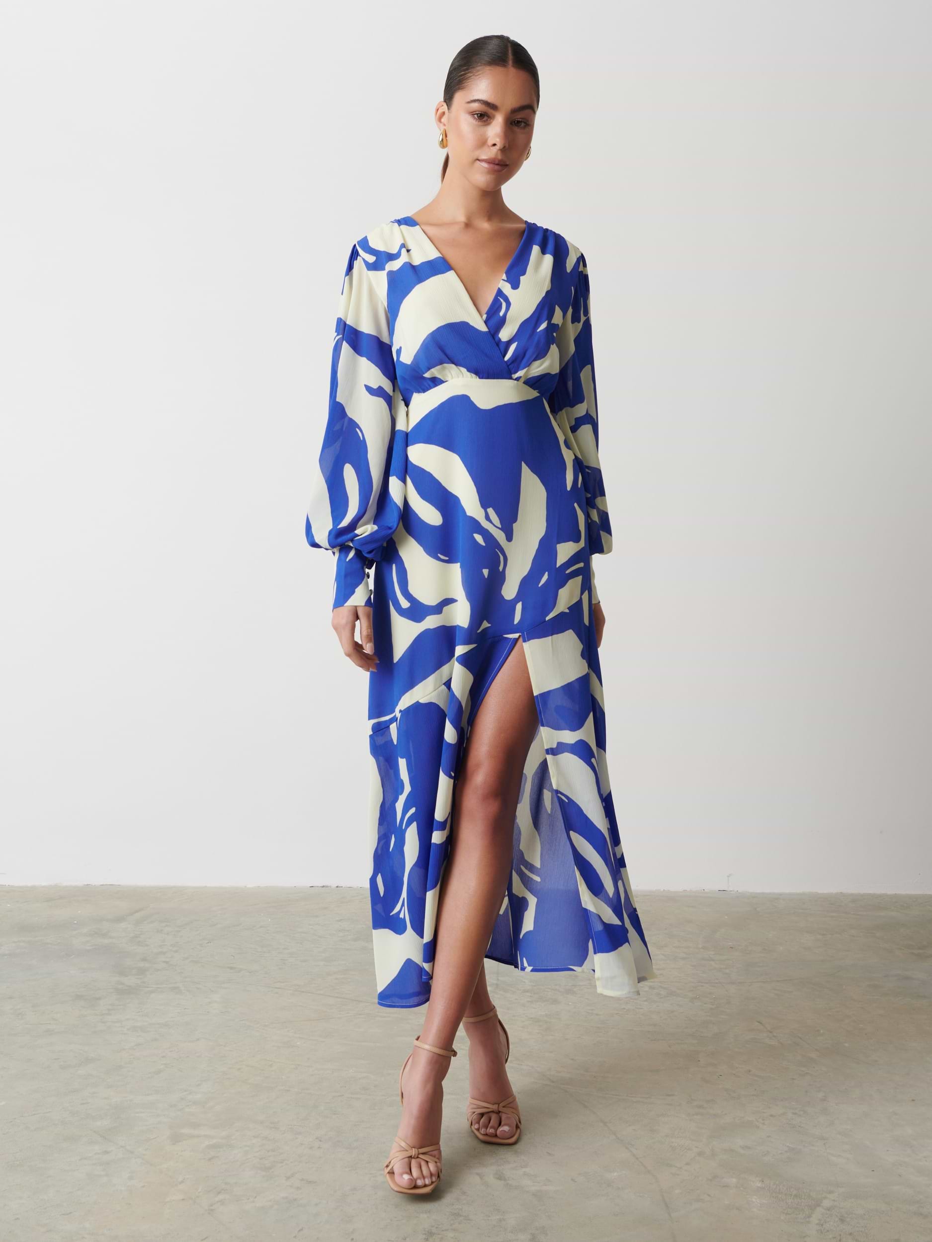 Lilianna Backless Balloon Sleeve Printed Dress - Blue Abstract