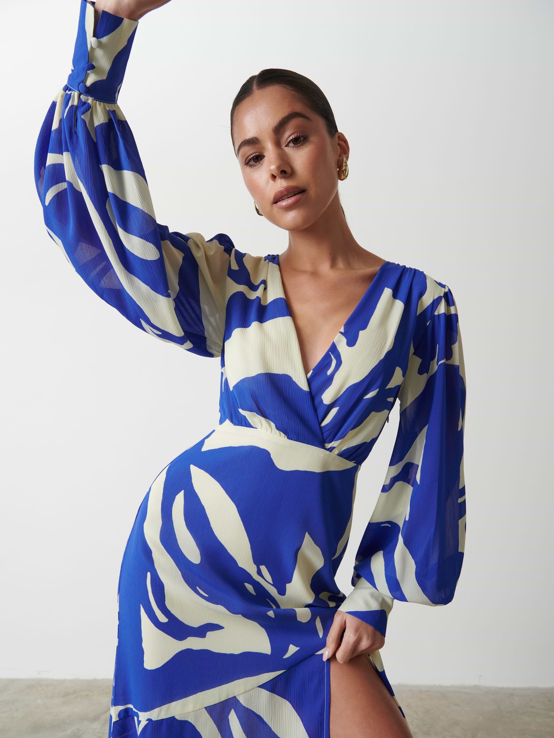Lilianna Backless Balloon Sleeve Printed Dress - Blue Abstract