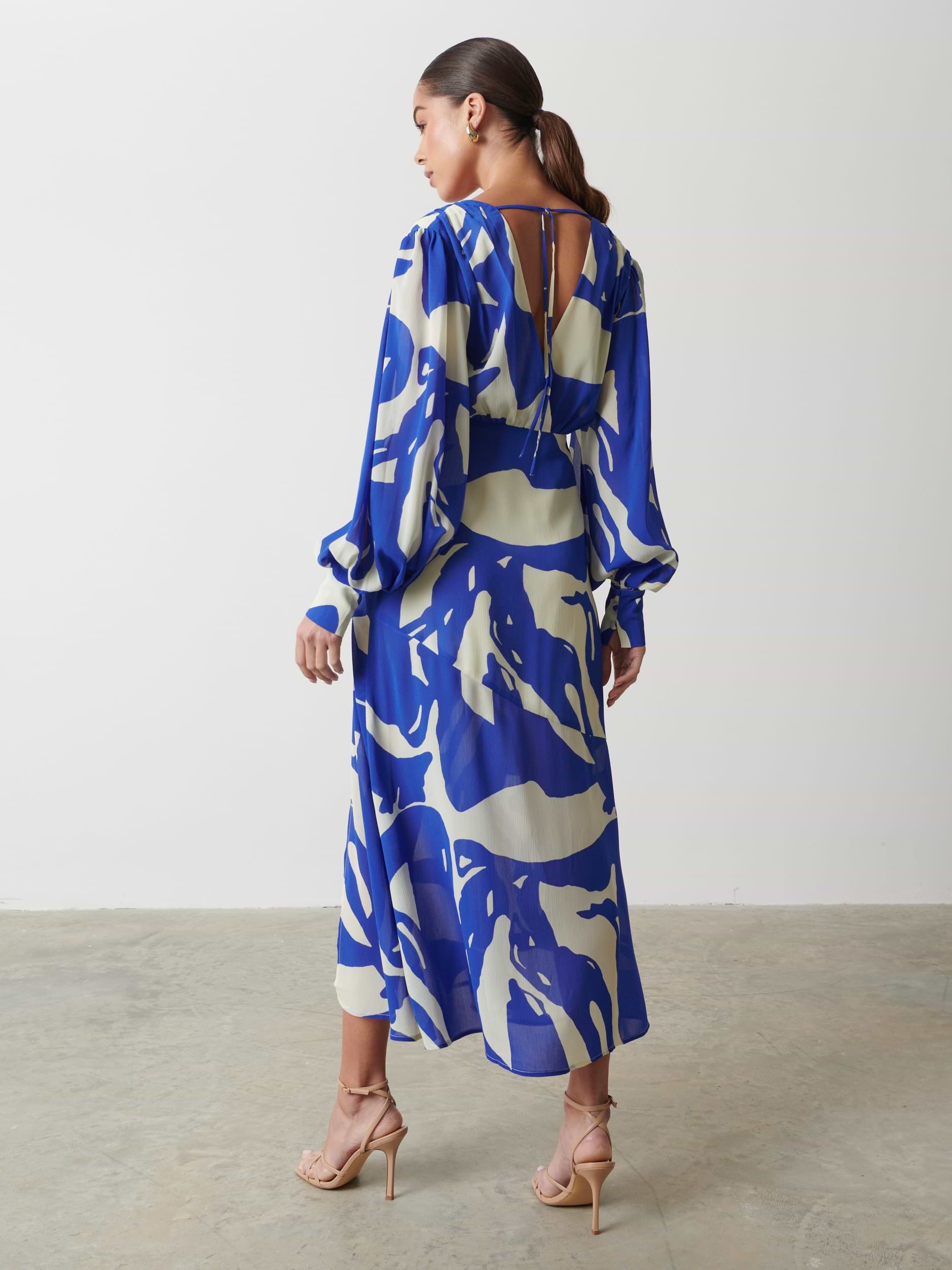 Lilianna Backless Balloon Sleeve Printed Dress - Blue Abstract