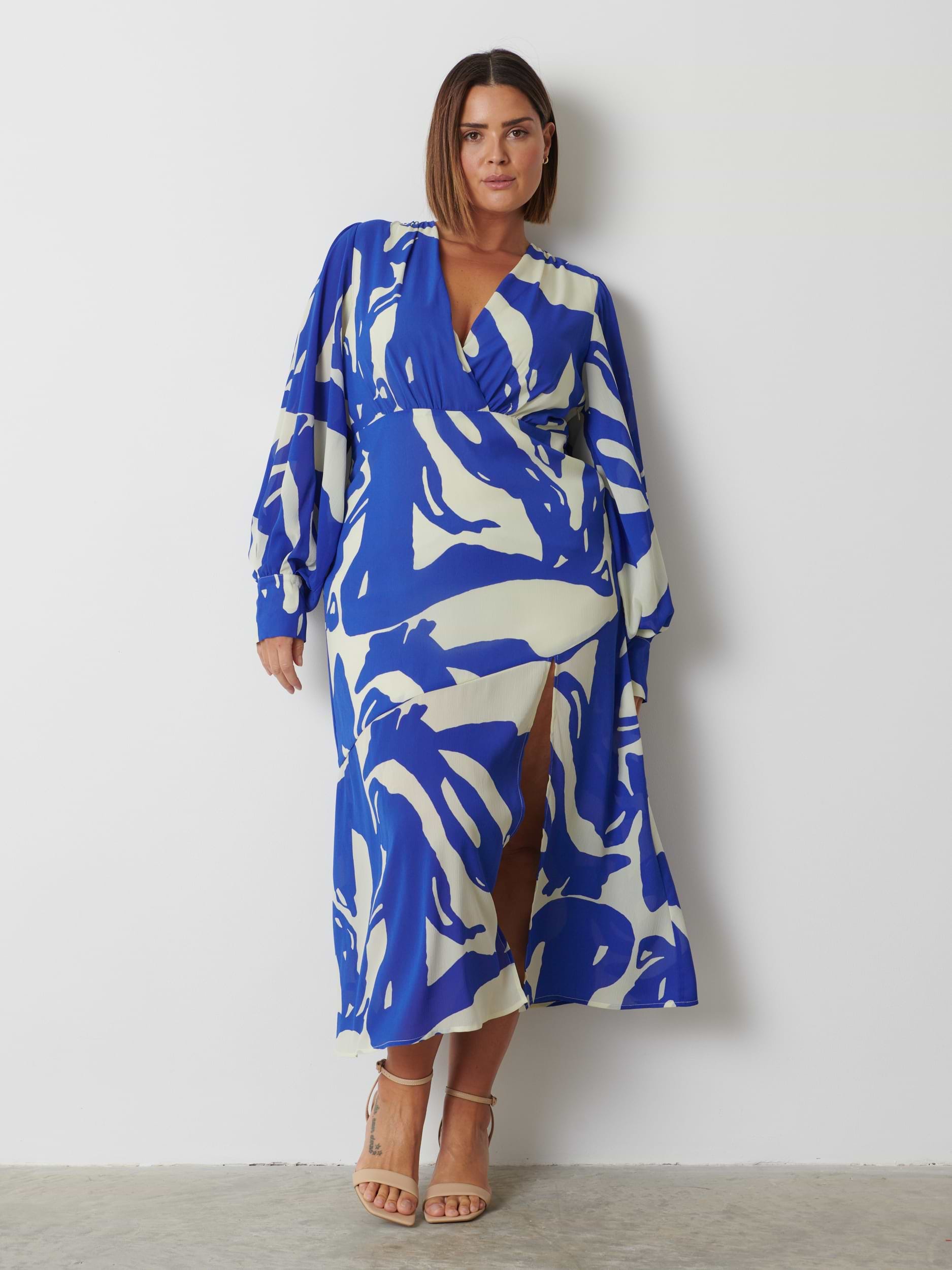 Lilianna Backless Balloon Sleeve Printed Dress - Blue Abstract