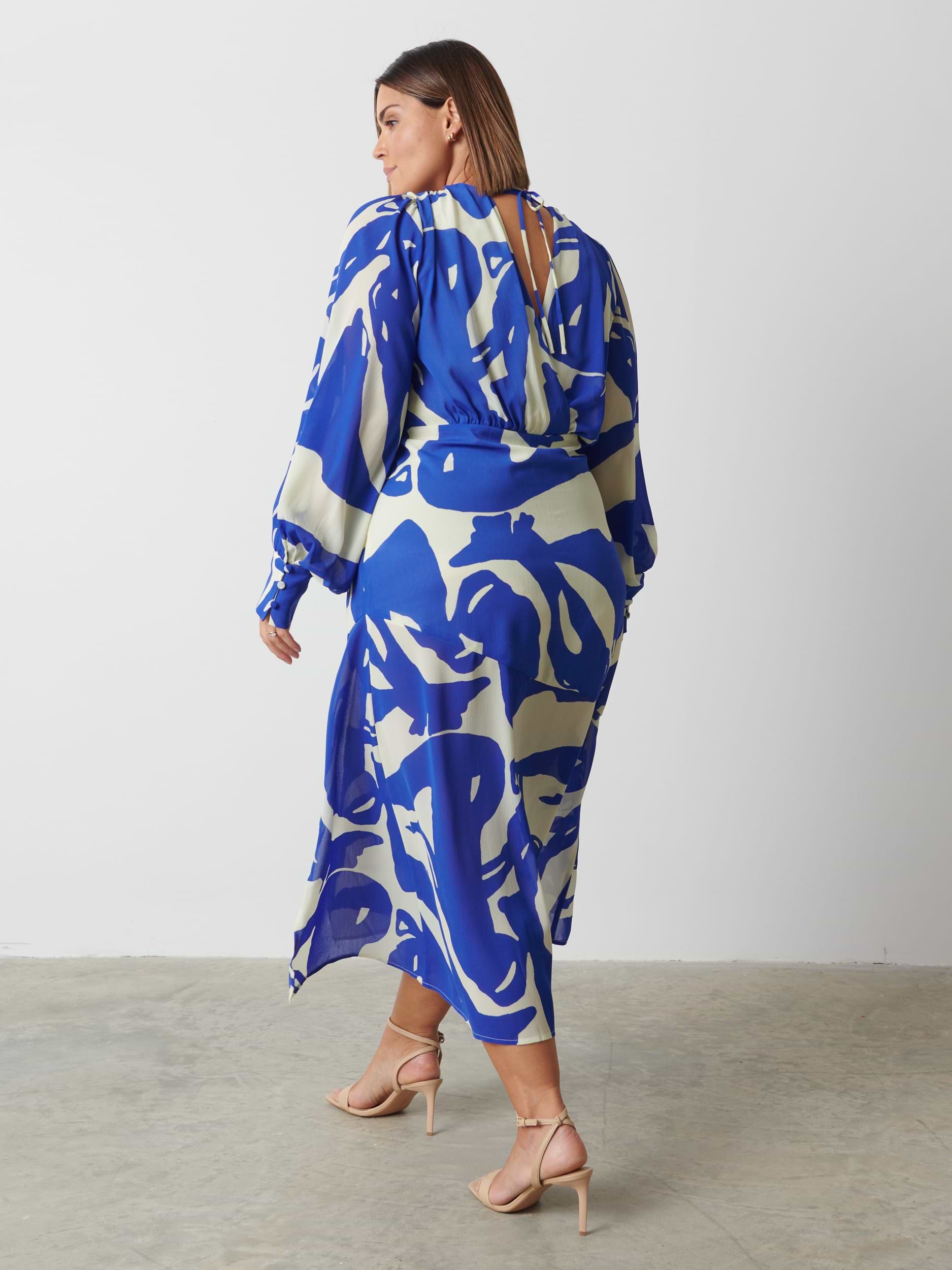 Lilianna Backless Balloon Sleeve Printed Dress - Blue Abstract