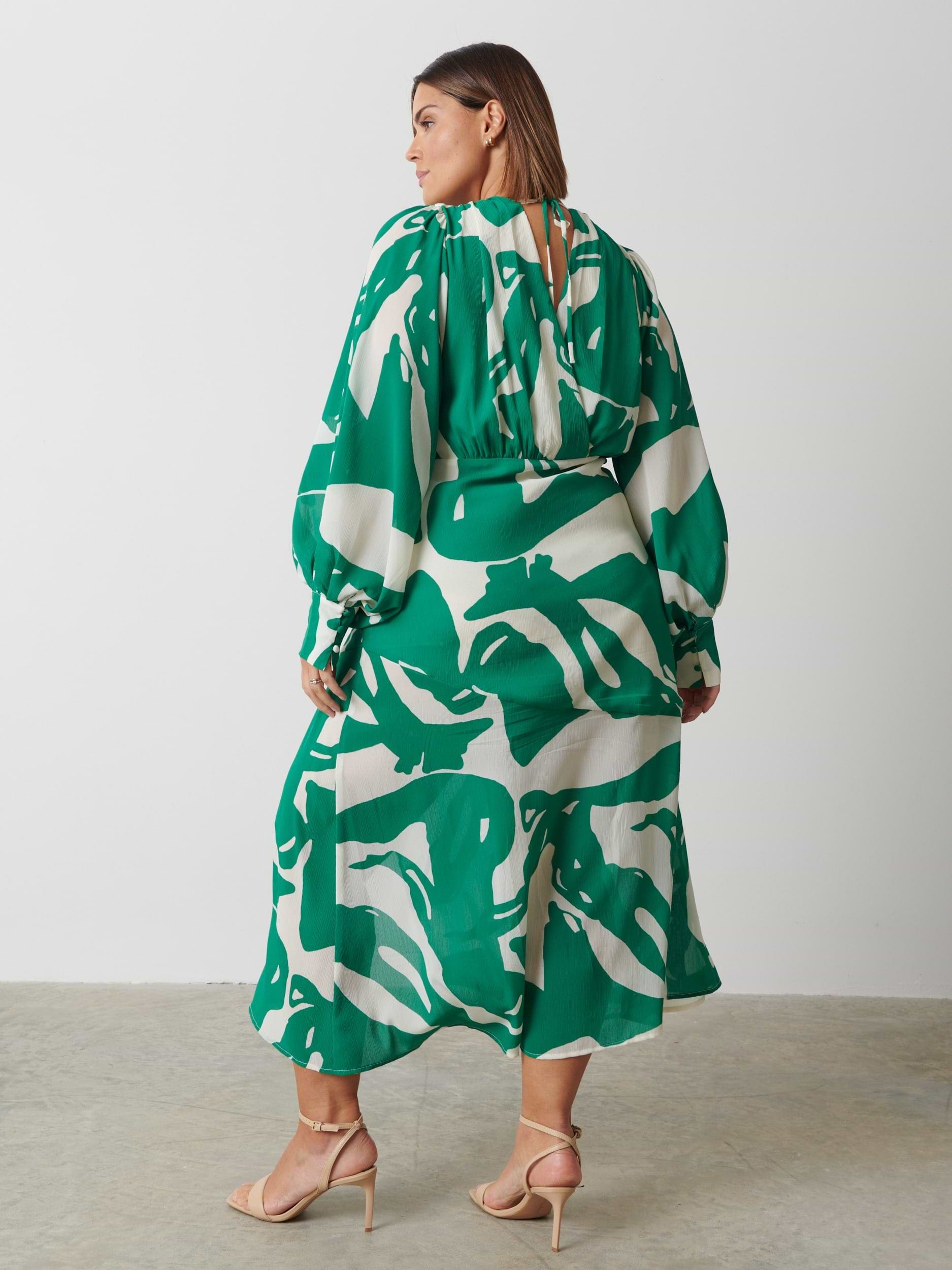 Lilianna Backless Balloon Sleeve Printed Dress Curve - Green Abstract