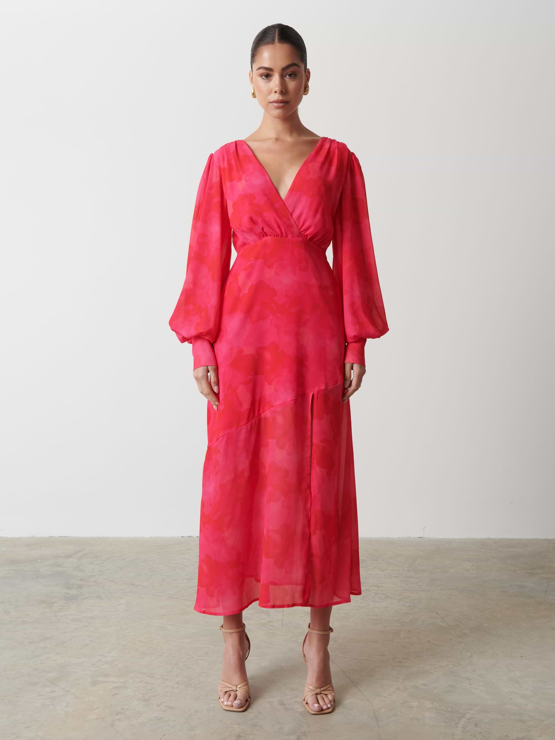 Lilianna Backless Balloon Sleeve Printed Dress - Pink and Red Watercolour