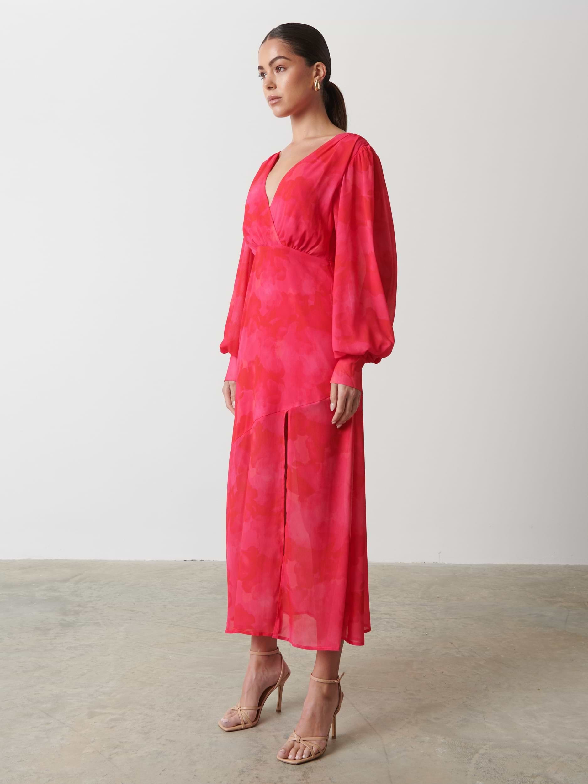 Lilianna Backless Balloon Sleeve Printed Dress - Pink and Red Watercolour