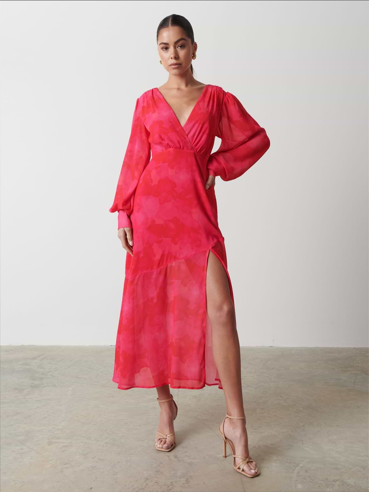 Lilianna Backless Balloon Sleeve Printed Dress - Pink and Red Watercolour