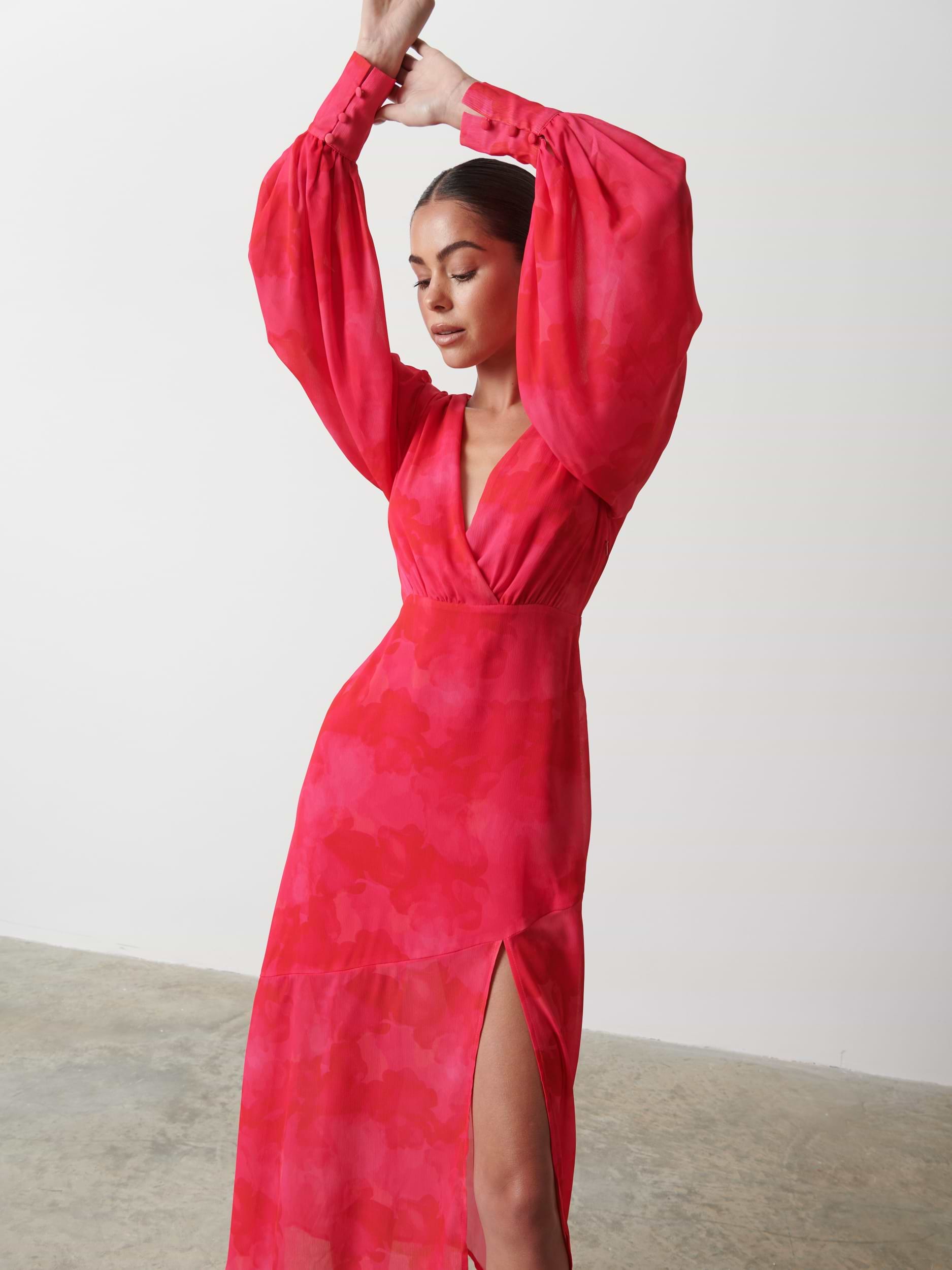 Lilianna Backless Balloon Sleeve Printed Dress - Pink and Red Watercolour