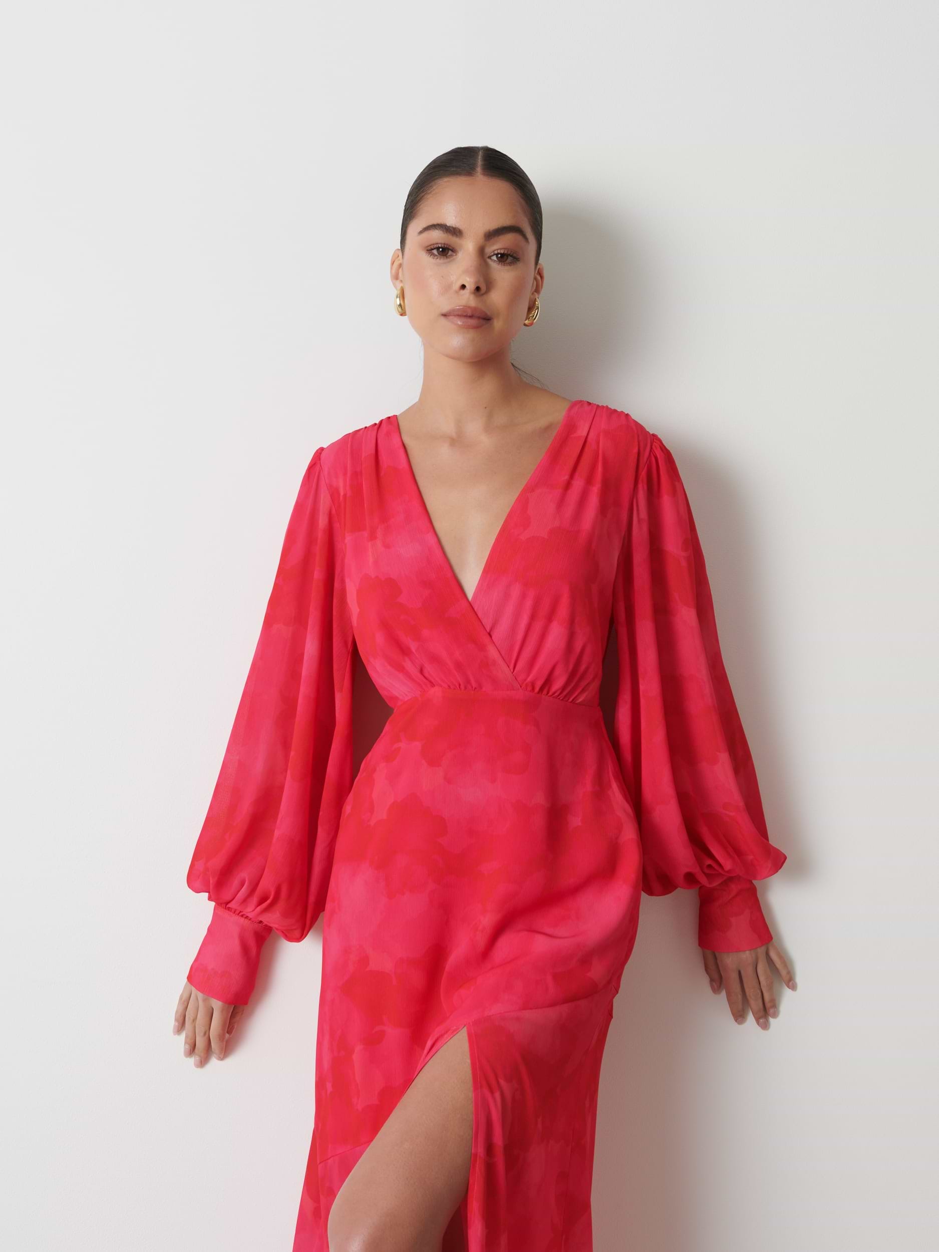 Lilianna Backless Balloon Sleeve Printed Dress - Pink and Red Watercolour