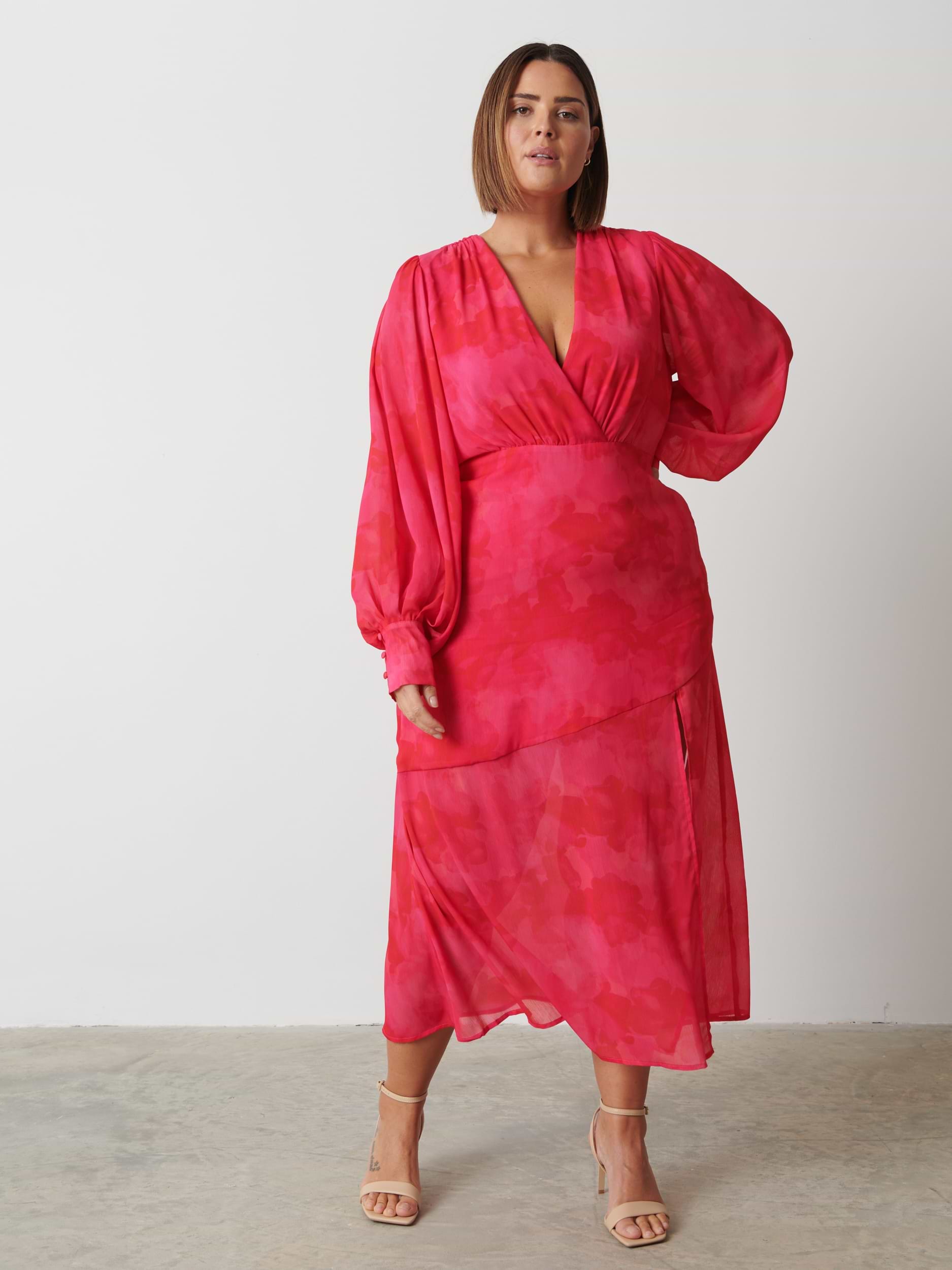 Lilianna Backless Balloon Sleeve Printed Dress Curve - Pink and Red Watercolour