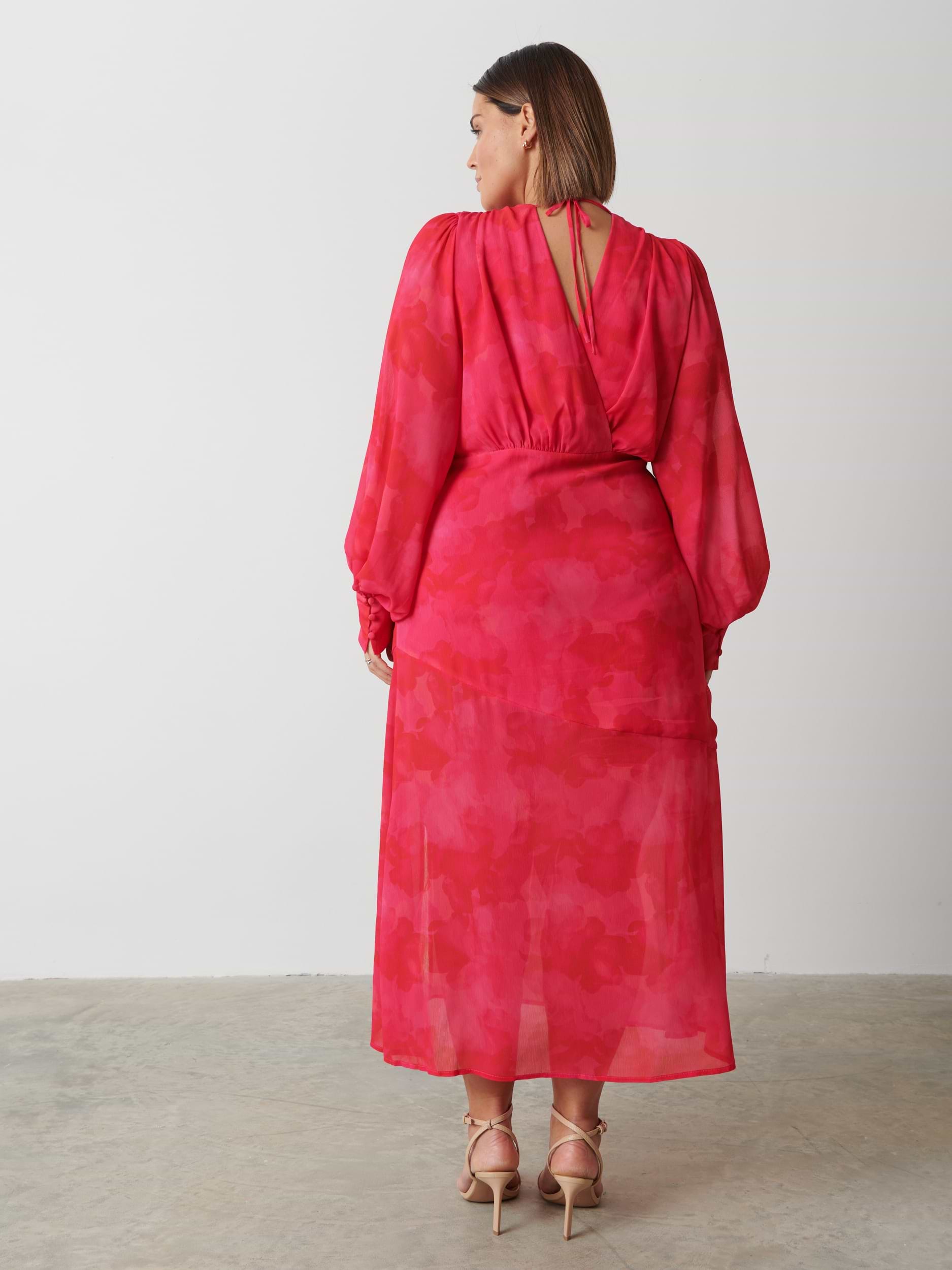 Lilianna Backless Balloon Sleeve Printed Dress Curve - Pink and Red Watercolour
