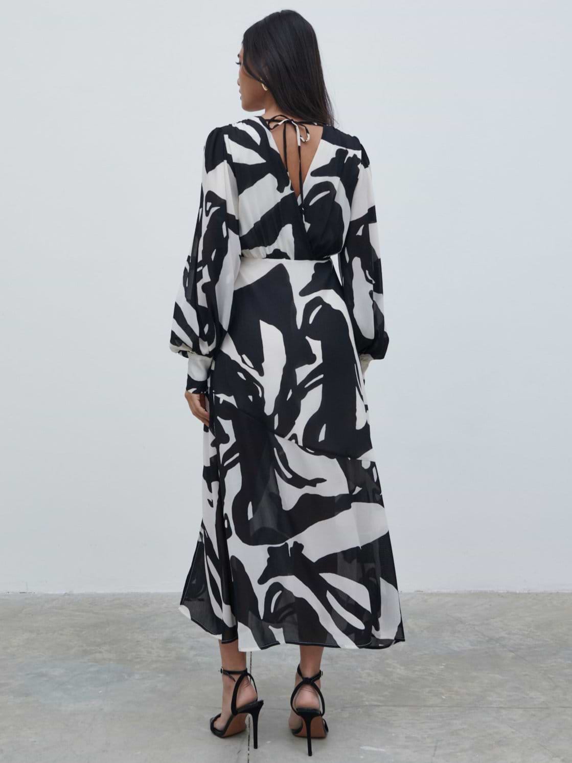 Lilianna Balloon Sleeve Printed Dress - Monochrome Abstract