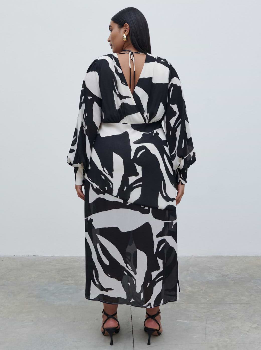 Lilianna Balloon Sleeve Printed Dress Curve - Monochrome Abstract