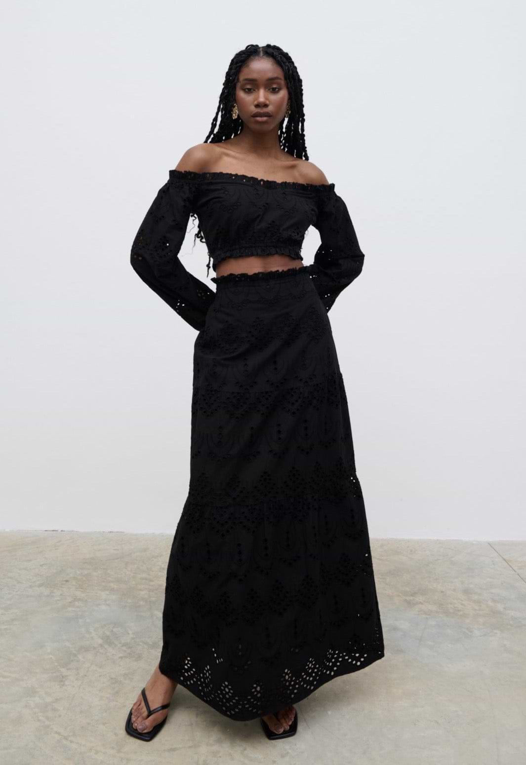 Lilla Broderie Maxi Skirt - Black